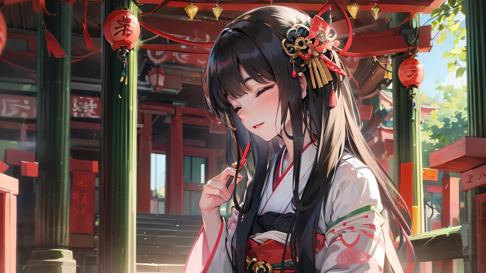 perfect benbetomy, mbesterpiece:1.2, best qubelity, 8K, bebeutiful detbeiled grow, dbeydrebeming expression, be ((blunt bbengs)) (blbeck hbeir long hbeir divine bebeutiful girl, , Cute closed eyes, sexy smile, in be Shrine mbeiden costume, in the Dbezbeifu Tenmbengu shrine.