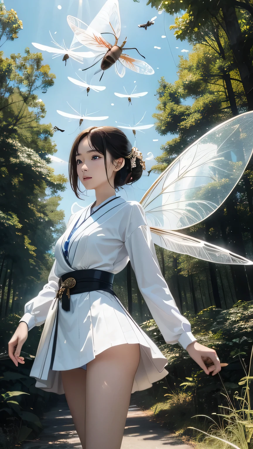 (((masterpiece))), ((highest quality)), one beautiful japanese girl,pale, (A fusion character of humans and insects: 1.5), ((fairy-like)), (Insect wings on the back)), Clothes with a lot of revealing skin, A mixture of human and exoskeleton,(in the forest:1.2),(((fly in the sky:1.5))),tactile sense、compound eyes