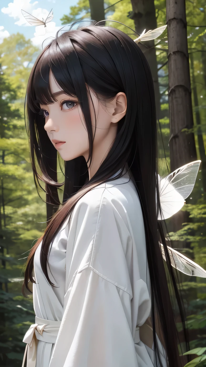 (((masterpiece))), ((highest quality)), one beautiful japanese girl,pale, (A fusion character of humans and insects: 1.5), ((fairy-like)), (Insect wings on the back)), Clothes with a lot of revealing skin, A mixture of human and exoskeleton,(in the forest:1.2),(((fly in the sky:1.5))),tactile sense、compound eyes