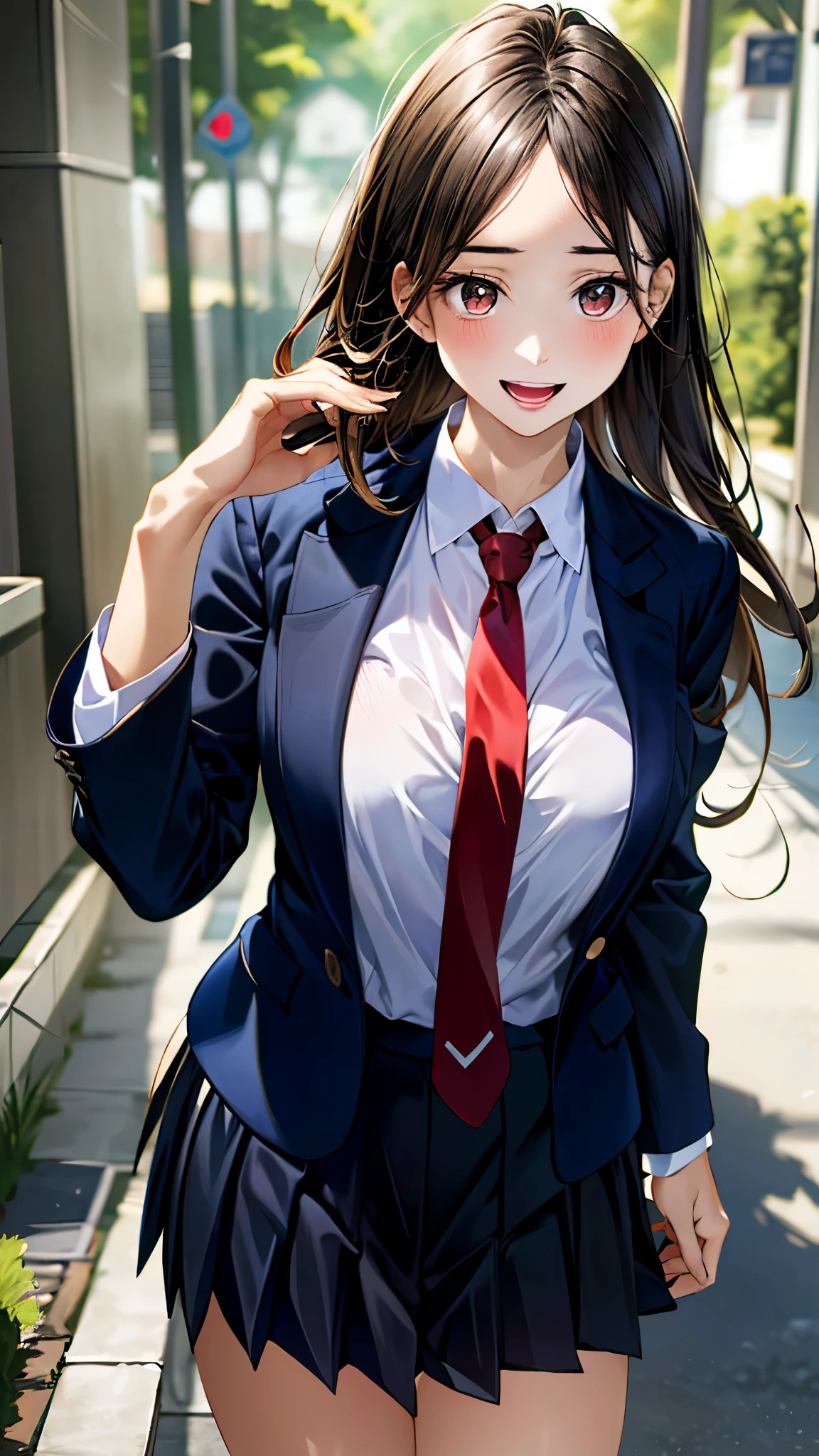 (masterpiece:1.3, top-quality, ultra high res, ultra detailed), (realistic, photorealistic:1.4), beautiful illustration, perfect lighting, natural lighting, colorful, depth of fields, 
beautiful detailed hair, beautiful detailed face, beautiful detailed eyes, beautiful clavicle, beautiful body, beautiful chest, beautiful thigh, beautiful legs, beautiful fingers, 
looking away, front view:0.6. 1 girl, japanese, high school girl, perfect face, (perfect anatomy, anatomically correct), cute and symmetrical face, babyface, , shiny skin, 
(long hair:1.7, straight hair:1.6, black hair), ((parted bangs, forehead)), dark brown eyes, slant eyes, long eye lasher, (medium breasts), slender, 
(((navy) blazer, collared white shirt, navy pleated skirt, dark red tie)), navy school socks, , 
(beautiful scenery), evening, (school gate), standing, call on phone, (seductive smile, open mouth), 