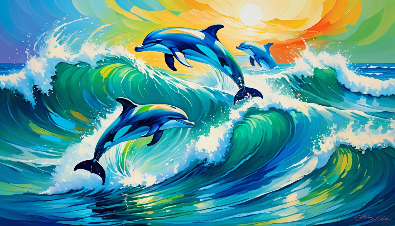 bright colors,Impressionism笔触,dynamic lines,brilliant colors,Mainly blue and green color palette,waves,dancing dolphins,Impressionism