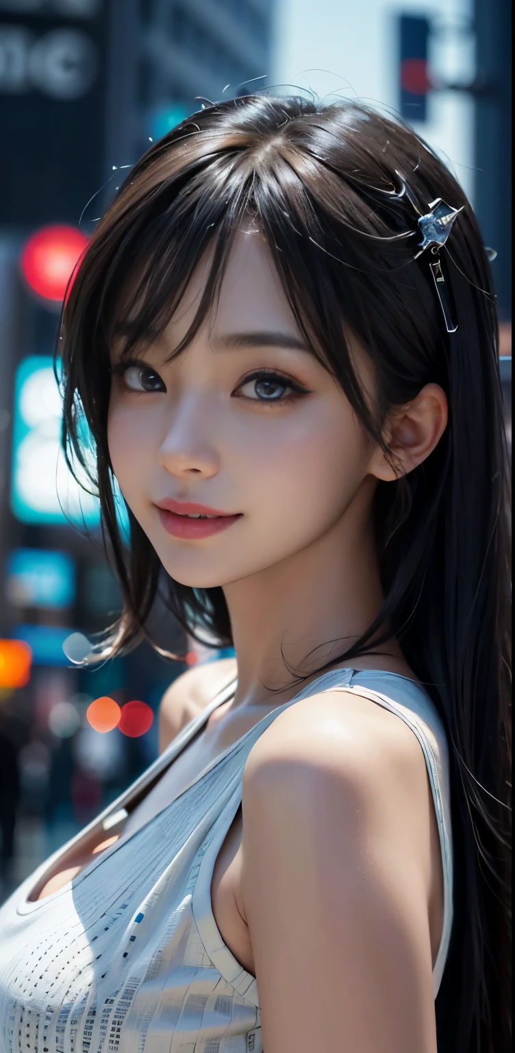 Masterpiece, 1 Beautiful Girl, Detailed, Swollen Eyes, Top Quality, Ultra High Resolution, (Reality: 1.4), Original Photo, 1Girl, Cinematic Lighting, Smiling, Japanese, Asian Beauty, Korean, Clean, Super Beautiful,  Young Face, Beautiful Skin, Slender, Cyberpunk Background, (ultra realistic), (high resolution), (8K), (very detailed), (best illustration), (beautifully detailed eyes), (super detailed), (wallpaper), (detailed face), viewer looking, fine detail, detailed face, pureerosfaceace_v1, smiling, 46 point slanted bangs, looking straight ahead, neat clothes, dark colored eyes, clothes sleeveless, body facing front,