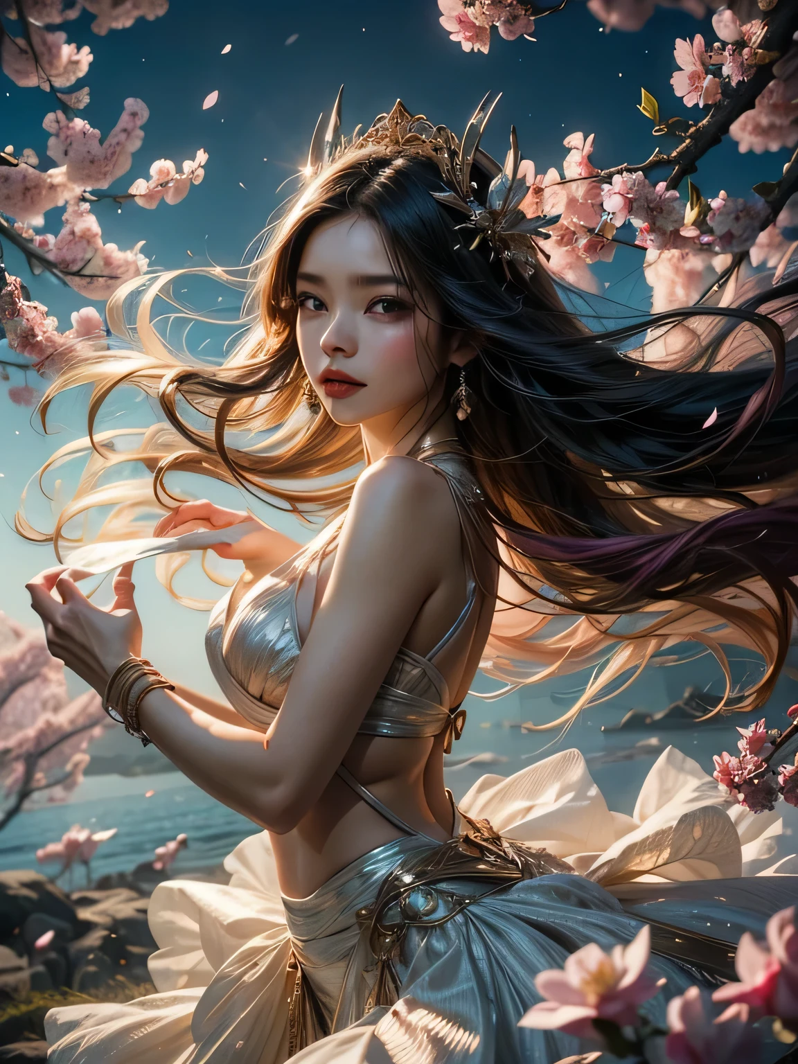 A beautiful Taiwanese girl, her long hair and body seem to be involved in the rotating movement, adding to the dynamic sense of the image. The background is blurry, and surreal elements such as floating white plum blossoms and petals hint at her wind-powered abilities, creating an ethereal atmosphere around her. Creative methods: high-speed photography, dynamic poses, vivid clothing details, motion blur, surreal romantic effects