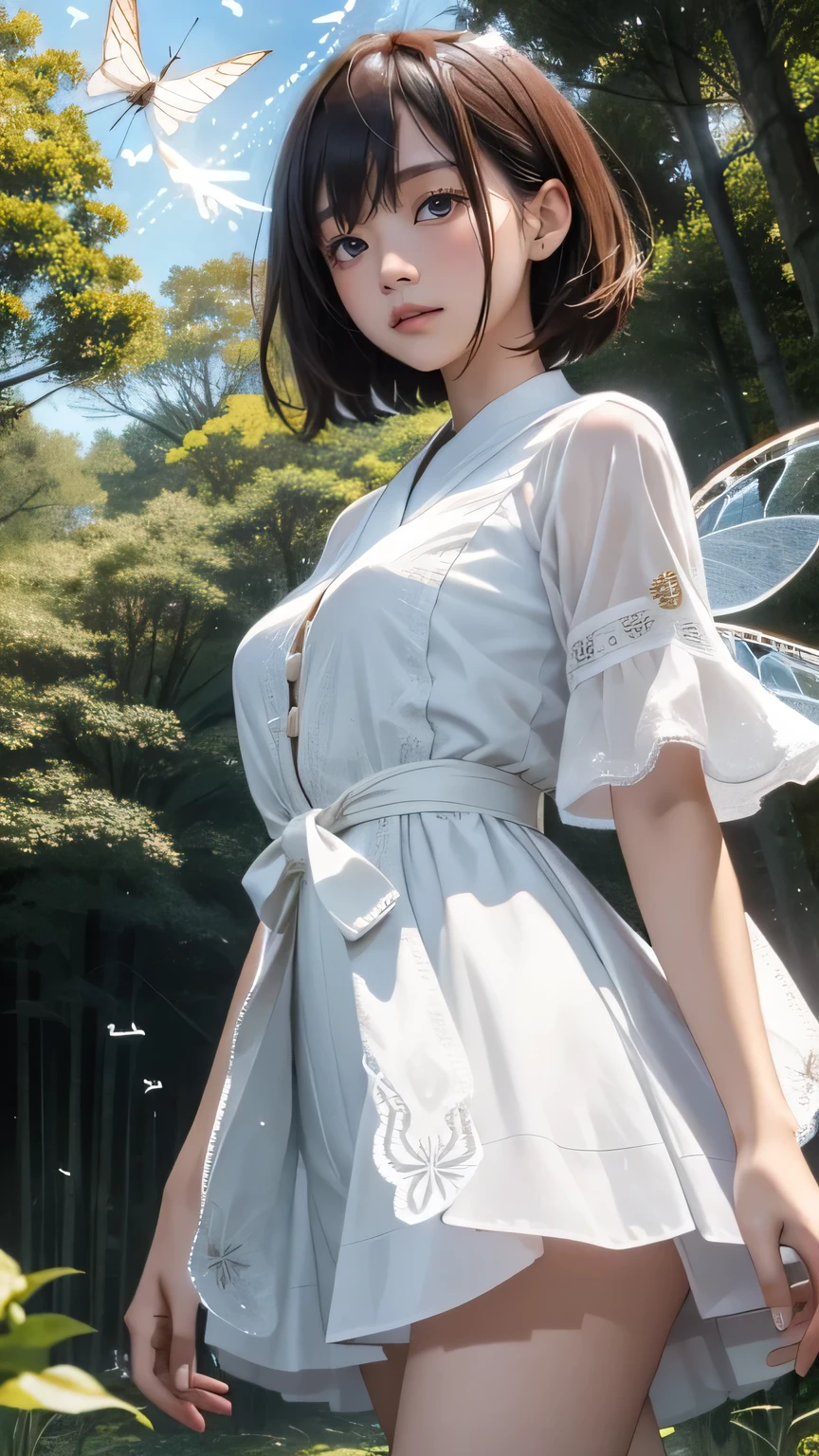 (((masterpiece))), ((highest quality)), one beautiful japanese girl,pale, (A fusion character of humans and insects: 1.5), ((fairy-like)), (Insect wings on the back)), Clothes with a lot of revealing skin, A mixture of human and exoskeleton,(in the forest:1.2),(((fly in the sky:1.5))),tactile sense、compound eyes、white lace mini dress