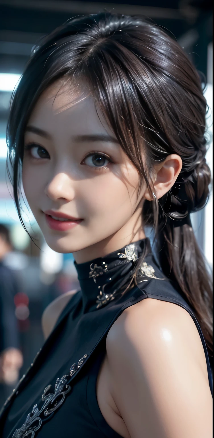 Masterpiece, 1 Beautiful Girl, Detailed, Swollen Eyes, Top Quality, Ultra High Resolution, (Reality: 1.4), Original Photo, 1Girl, Cinematic Lighting, Smiling, Japanese, Asian Beauty, Korean, Clean, Super Beautiful, Little Young Face, Beautiful Skin, Slender, Cyberpunk Background, (ultra realistic), (high resolution), (8K), (very detailed), (best illustration), (beautifully detailed eyes), (super detailed), (wallpaper), (detailed face), viewer looking, fine detail, detailed face, pureerosfaceace_v1, smiling, 46 point slanted bangs, looking straight ahead, neat clothes, dark colored eyes, clothes sleeveless, body facing front,