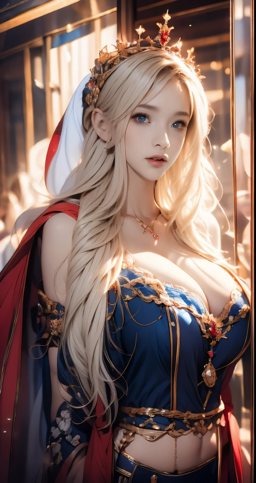 Errect nipples, wearing a red hijab , red luxury hijab,beautiful crown , blue eye, (uncovered dress),( errect nipples) blond hair, around , (blue), tmasterpiece,Best quality at best,A high resolution,8K,((Portrait)),(full body),Original photo,real photograph,digital photograph,blue eyes, super colossal breast, round colossal breast ,open kissing lips,Keep your mouth shuegant and charming,((Blushing)) , Naughty contempt,Calm and handsome,,The Beautiful super huge round breast, very small waist, perfect colossal breast of teen body,,onder reflection texture, kissing, sexy colossal breast ,luxury bedroom background, super slim body, super small waist, skinny , super full breast, sexy teen