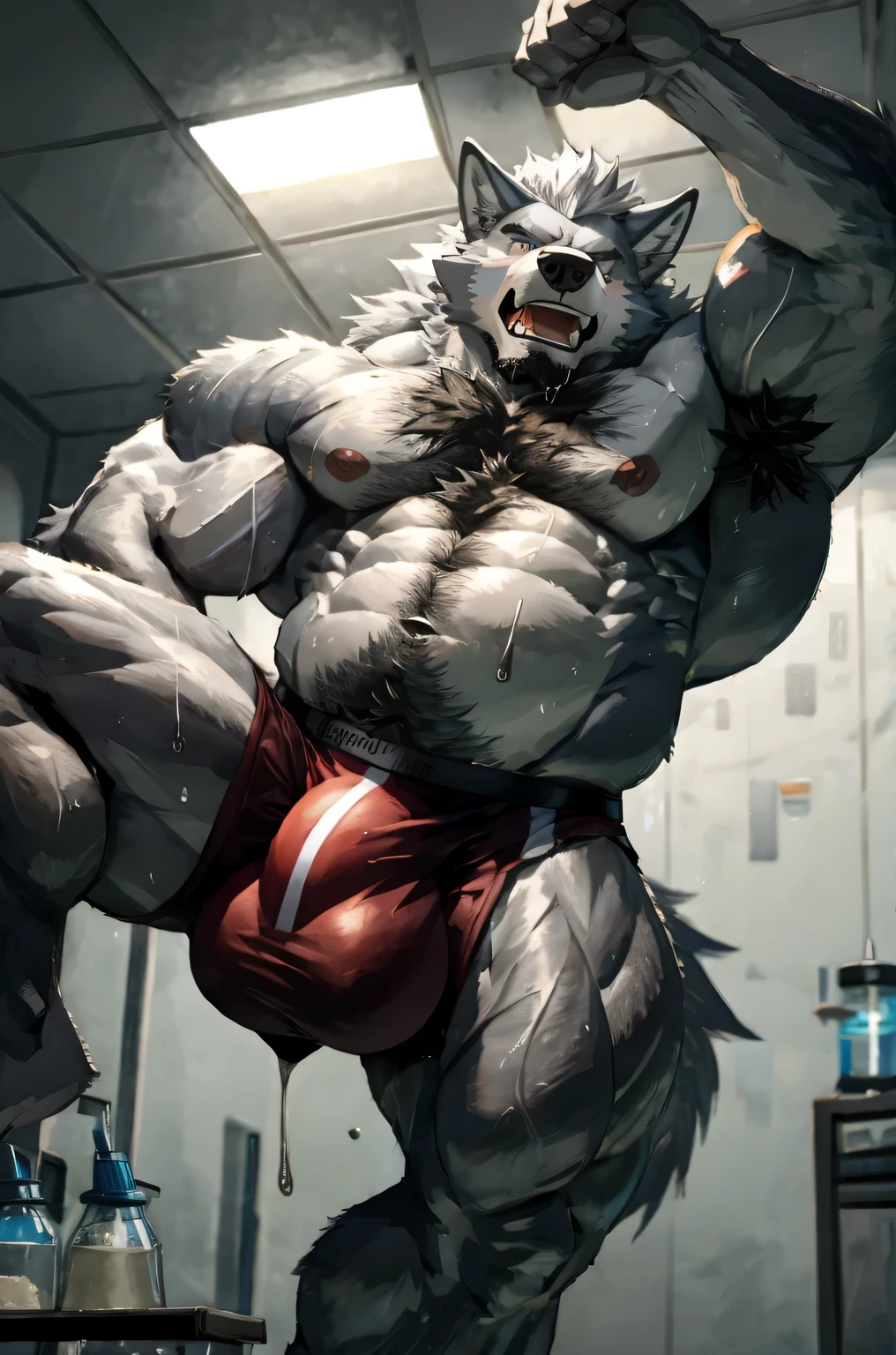 A wolf with silvery fur、smart wolf body、angle from the side、expression of suffering、angry look、lots of tears、lots of drool、big ears、silver mane、muscles like a bodybuilder、Beautifully developed abdominal muscles、Underwear with a large bulge in the crotch、large amount of pubic hair、large amount of chest hair、large amount of belly button hair、large amount of belly hair、lots of sweat、laboratory background、kick pose、Angle of looking up from diagonally down、