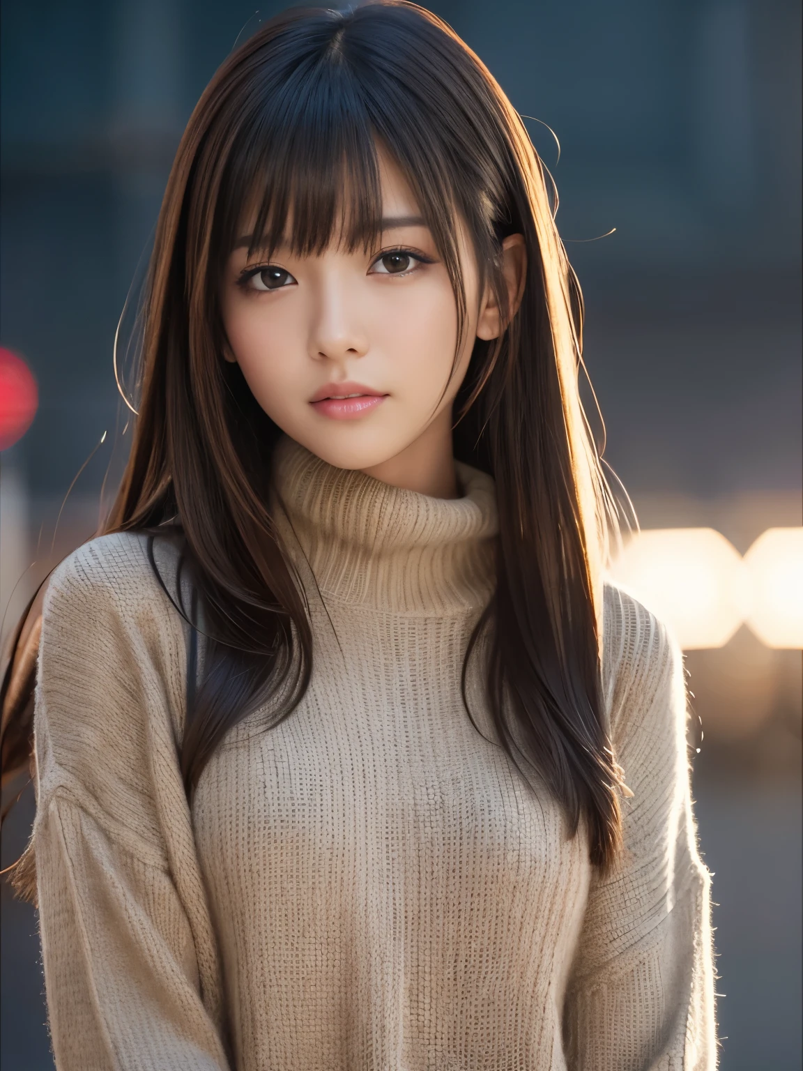 product quality, 1 girl, cowboy shot, front view, a Japanese young pretty girl, at night, wearing a black knitted turtleneck sweater, wearing mini skert, hyper cute face, glossy lips, double eyelids for both eyes, (natural makeup), shiny smooth light brown hair of long hair, asymmetrical bangs, central image, 8K resolution, high detail, detailed hairstyle, detailed face, cinematic lighting, octane rendering, hyper realistic, perfect limbs, perfect anatomy, 