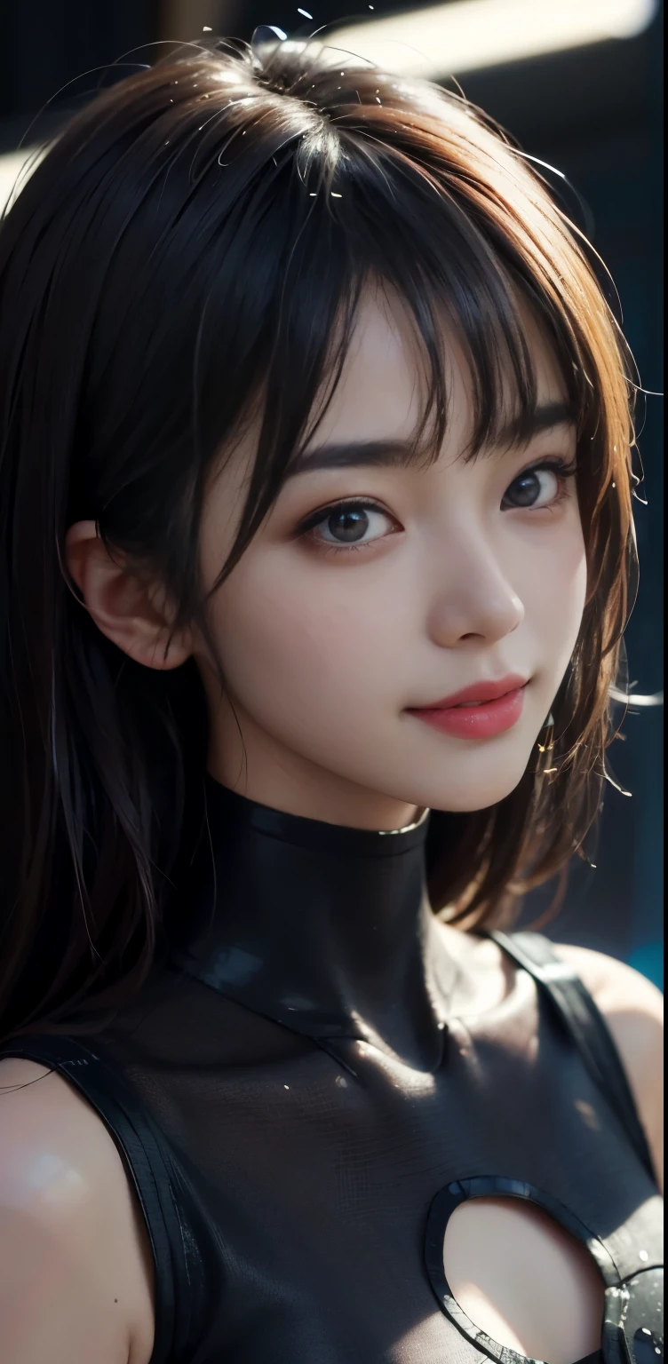 Masterpiece, 1 Beautiful Girl, Detailed, Swollen Eyes, Top Quality, Ultra High Resolution, (Reality: 1.4), Original Photo, 1Girl, Cinematic Lighting, Smiling, Japanese, Asian Beauty, Korean, Clean, Super Beautiful,  Young Face, Beautiful Skin, Slender, Cyberpunk Background, (ultra realistic), (high resolution), (8K), (very detailed), (best illustration), (beautifully detailed eyes), (super detailed), (wallpaper), (detailed face), viewer looking, fine detail, detailed face, pureerosfaceace_v1, smiling, 46 point slanted bangs, looking straight ahead, neat clothes, dark colored eyes, clothes sleeveless, body facing front,