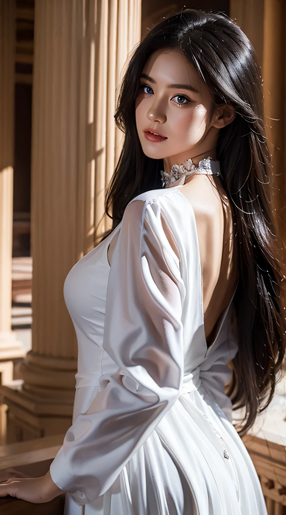 realistically, A high resolution, gentlesoftlighting, 1 woman, Alone, butt lift,Look at the audience， (eBlue eyes, Long black hair), wedding gown, bridal gown, ([Luxury tuxedo: :12][:wedding gown:7]:1.4), ( the face:1.3), Indoors, through bangs,choker necklace, , (cathedrals, Weddings:1.2), Heavy lace，8k，​masterpiece，Master works，back view