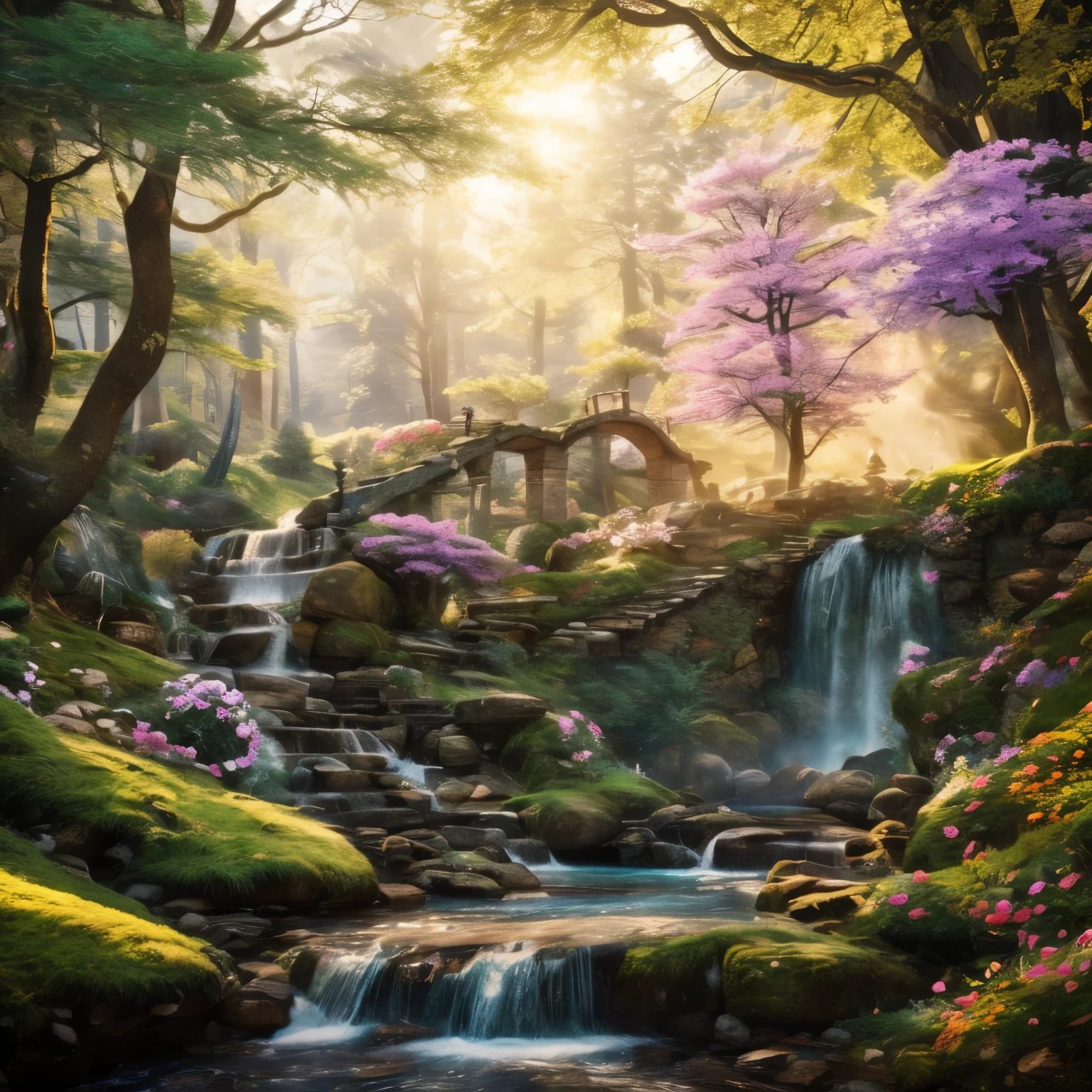 best images, 8K, original photo, actual, detailed, Beautifully, Gorgeous and dynamic depictions, (There is an elf with a cute face in the big tree:1.1), cast magic，Paint colorful flowers everywhere, Scattered golden confetti, Scattered rainbow colored confetti, angel&#39;s staircase, dream world