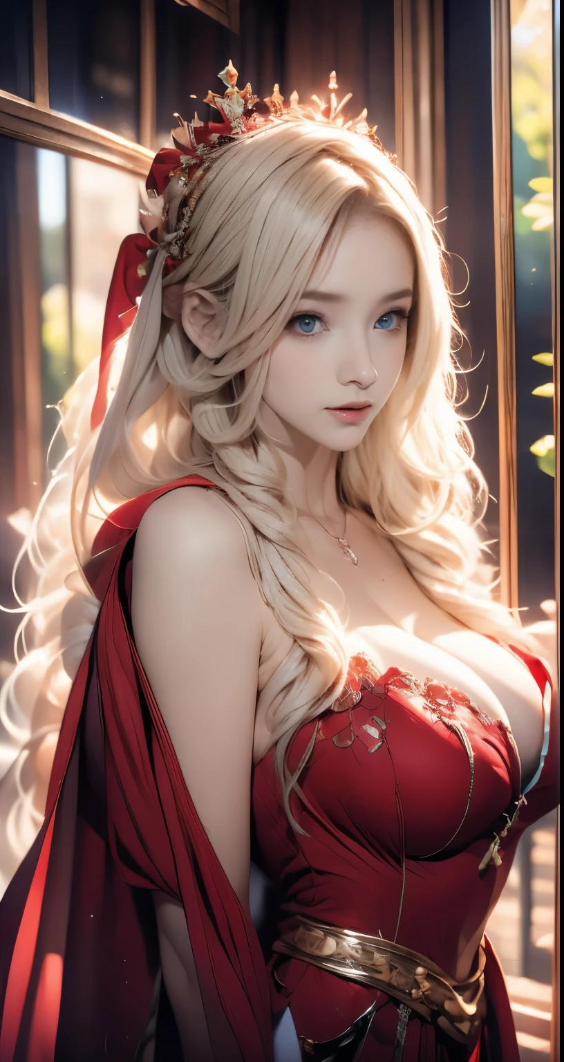 Erect nipples, wearing a red hijab , red luxury hijab,beautiful crown , blue eye, (uncovered dress),( errect nipples) blond hair, around , (blue), tmasterpiece,Best quality at best,A high resolution,8K,((Portrait)),(half body),Original photo,real photograph,digital photograph,blue eye, super colossal breast, round colossal breast ,open kissing lips,Keep your mouth shuegant and charming,((Blushing)) , Naughty contempt,Calm and handsome,,The Beautiful super huge round breast, very small waist, perfect colossal breast of teen body,,oc render reflection texture, kissing, sexy colossal breast ,luxury bedroom background, super slim body, super small waist, skinny , super full breast