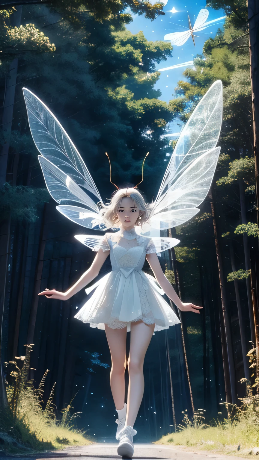 (((masterpiece))), ((highest quality)), one beautiful japanese girl,pale, (A fusion character of humans and insects: 1.5), ((fairy-like)), (Insect wings on the back)), Clothes with a lot of revealing skin, A mixture of human and exoskeleton,(in the forest:1.2),(((fly in the sky:1.5))),(tactile sense:1.5)、white lace mini dress