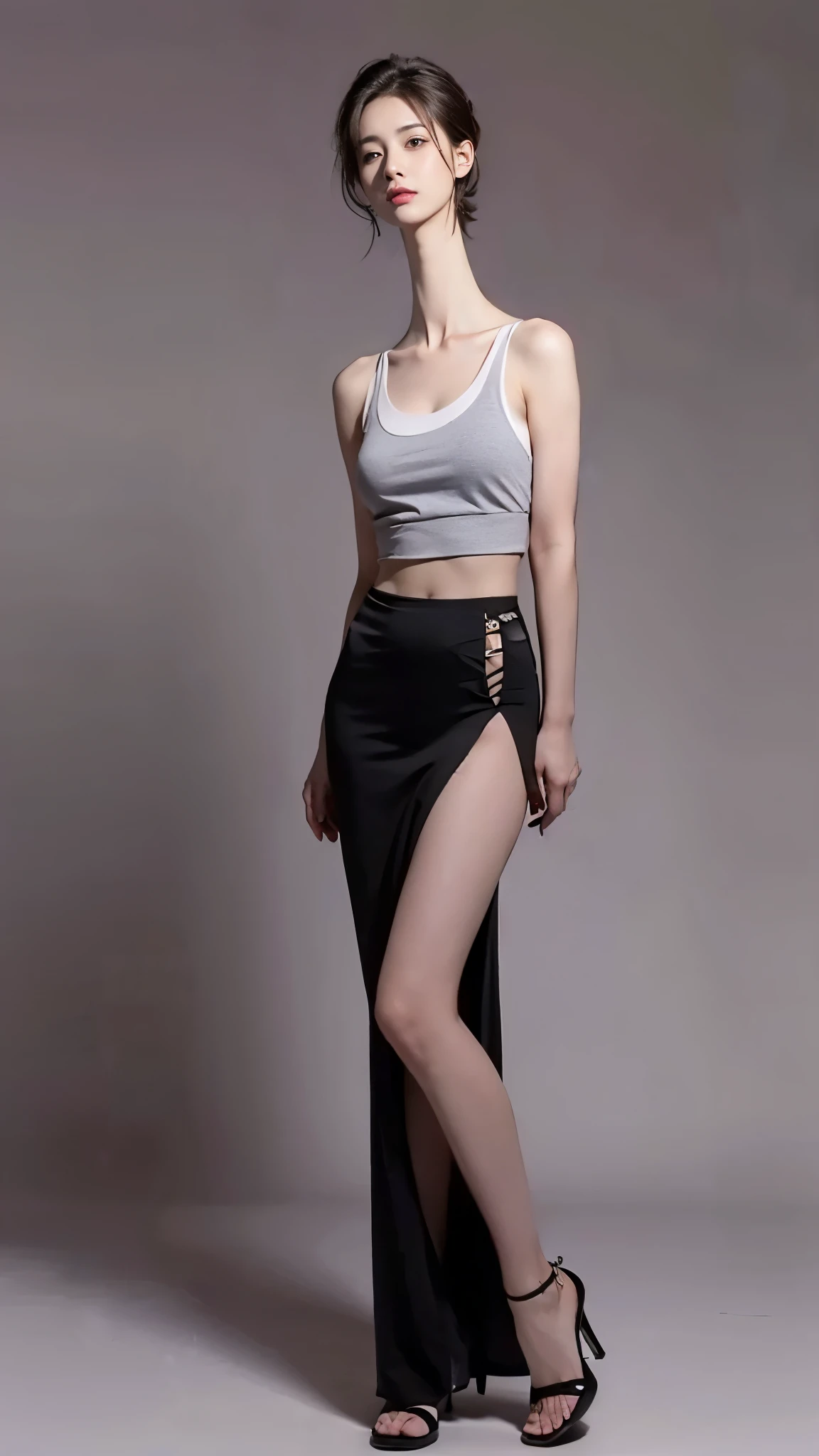 a beautiful tall young woman, short straight hair, striking grey eyes, large breasts, tank top, professional photo, full body photo, dramatic colors, looking at viewer, (longneck:1.45)