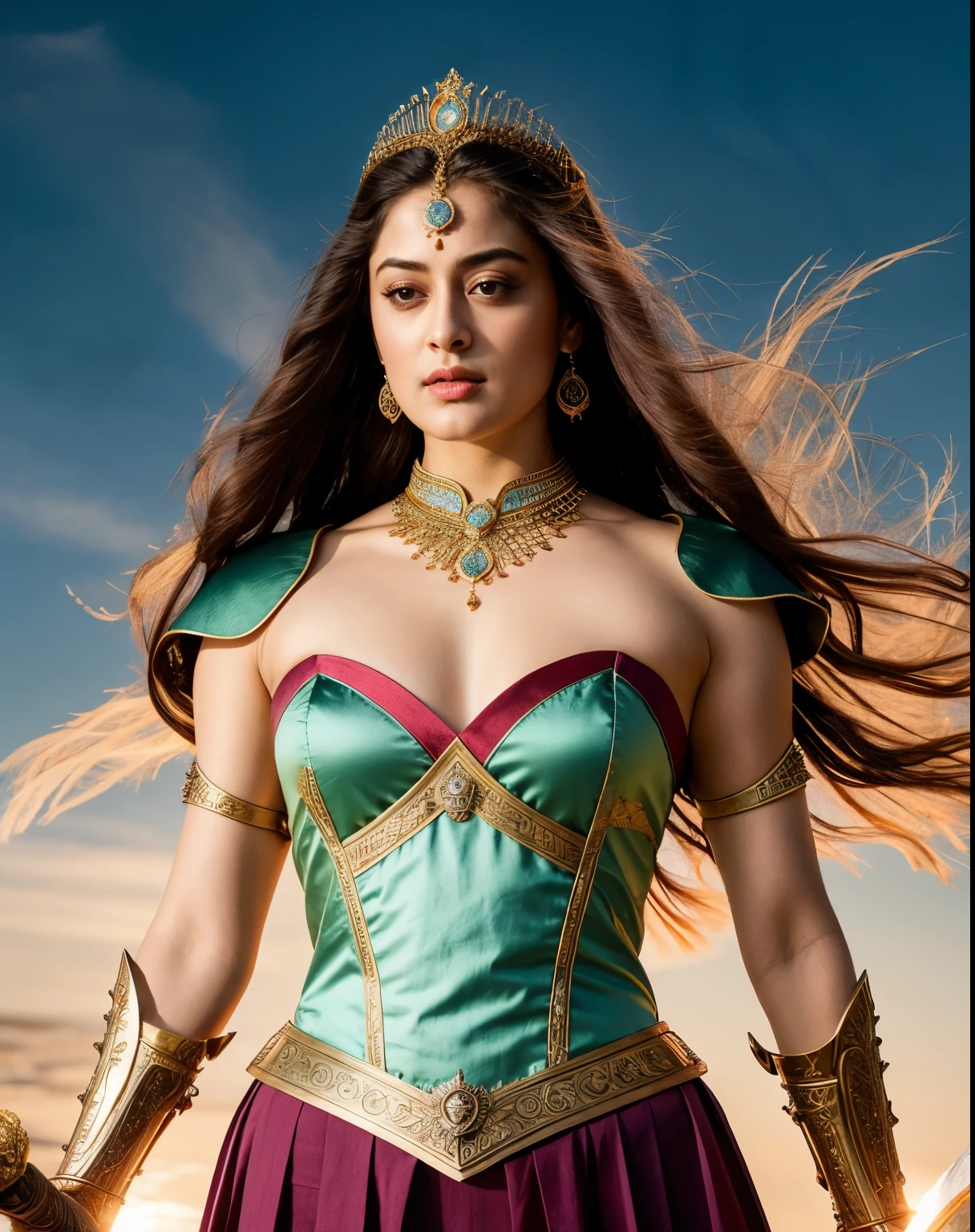 Looks like Sandeepa Dhar, "Design an illustration of a stunning and powerful warrior queen with a regal presence. She should possess a combination of strength and grace. Imagine her in ornate, yet practical armor that complements her figure. The armor should be adorned with intricate details and symbols representing her royal lineage and warrior prowess. Her weapon of choice could be a unique and elegant sword or a mythical weapon that reflects her status as a formidable leader.
Her facial features should exude confidence and determination, with piercing eyes that convey both fierceness and wisdom. The queen's hair, whether long or short, should flow dynamically, hinting at her movement in battle. Consider incorporating elements that emphasize her connection to nature or a mythical realm, such as ethereal backgrounds, symbolic animals, or mystical symbols.
Pay attention to the color palette; use rich, bold colors that enhance her royal aura. Experiment with lighting to highlight specific details and create a sense of drama. Ensure that her posture and expression capture the essence of a queen who commands respect and admiration. Feel free to draw inspiration from historical warrior queens or fictional characters, blending elements to create a unique and captivating image."