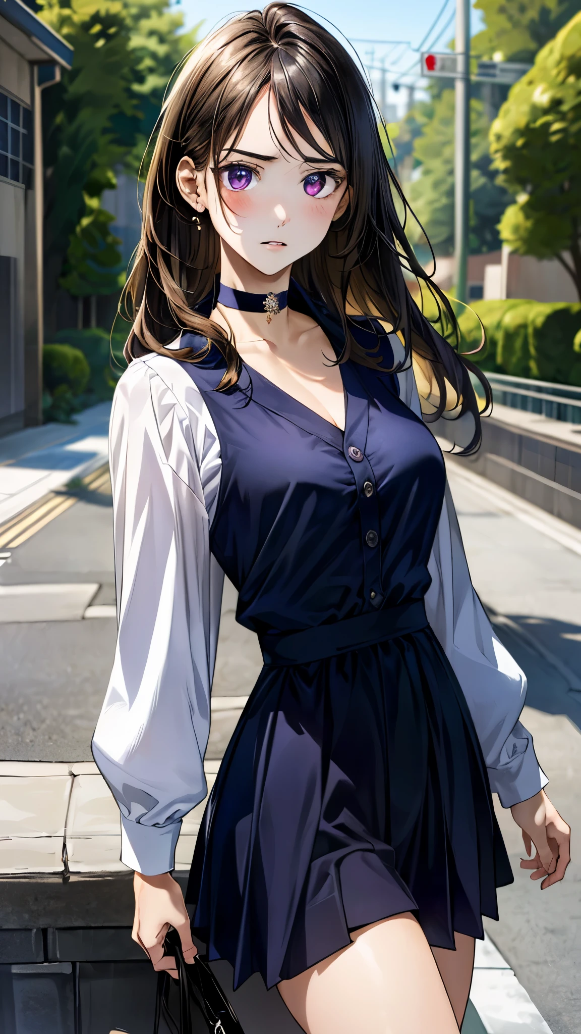 (masterpiece:1.3, top-quality, ultra high res, ultra detailed), (realistic, photorealistic:1.4), beautiful illustration, perfect lighting, natural lighting, colorful, depth of fields, 
beautiful detailed hair, beautiful detailed face, beautiful detailed eyes, beautiful clavicle, beautiful body, beautiful chest, beautiful thigh, beautiful legs, beautiful fingers, 
looking at viewer, upper body, front view:0.6. 1 girl, japanese, high school girl, perfect face, (perfect anatomy, anatomically correct), cute and symmetrical face, babyface, , shiny skin, 
(long hair:1.7, straight hair:1.6, black hair), ((parted bangs, forehead)), dark brown eyes, slant eyes, long eye lasher, (medium breasts), slender, 
((long sleeve v-neck dark purple dress, black choker)), navy school socks, , 
(beautiful scenery), evening, (school gate), standing, call on phone, (frown, parted lips), 