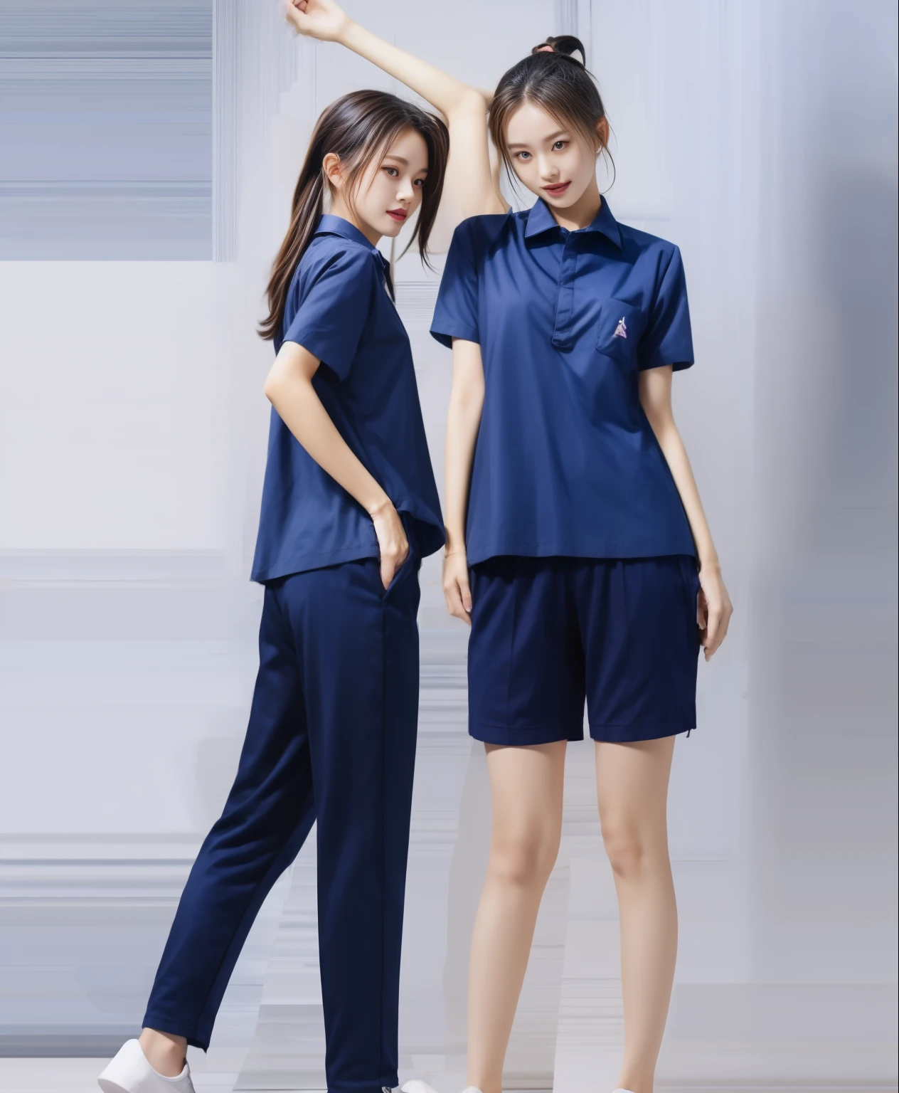 (best quality,10,10,height,Masterpiece:1.2),Special details,(realistic,Realistic picture,Realistic photos:1.37),1 Cute girl in the kitchen,shiny, skin shiny,only,smile softly,BDclothelue shirt:1.3)),short sleeve,shirt, Long pants.,(navy_long_track pants:1.1), ((Kitchen Background)),Dynamic angle,excited,Face focus,dynamic poses,from behind,focus on ass,Masterpiece, best quality, ultra realistic, Too many details, 8k resolution, raw photos, Sharp focus, ((Navy blue shirt:1.1)), short sleeve, long route, perfect body, 2 mature women, 18 years old, Cinema-grade lighting system,blue sweatpants,exercise cloth,correct anatomy,perfect body, correct body, Sharp face, Correct body anatomical, full body, realistic gestures, long-haired, realistic poses,Wear long shorts...........................,The legs are long.,Good shape,carved girl, Slender figure, model, Good shape, beautiful body,blue sweatpants, two girls kissing