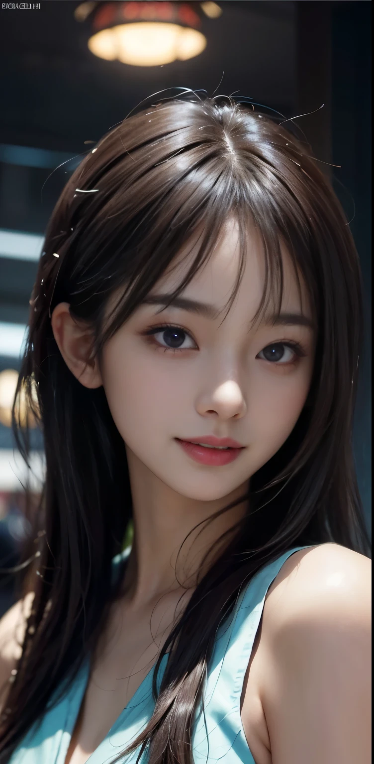 Masterpiece, 1 Beautiful Girl, Detailed, Swollen Eyes, Top Quality, Ultra High Resolution, (Reality: 1.4), Original Photo, 1Girl, Cinematic Lighting, Smiling, Japanese, Asian Beauty, Korean, Clean, Super Beautiful, Little Young Face, Beautiful Skin, Slender, Cyberpunk Background, (ultra realistic), (high resolution), (8K), (very detailed), (best illustration), (beautifully detailed eyes), (super detailed), (wallpaper), (detailed face), viewer looking, fine detail, detailed face, pureerosfaceace_v1, smiling, 46 point slanted bangs, looking straight ahead, neat clothes, dark colored eyes, clothes sleeveless, body facing front,