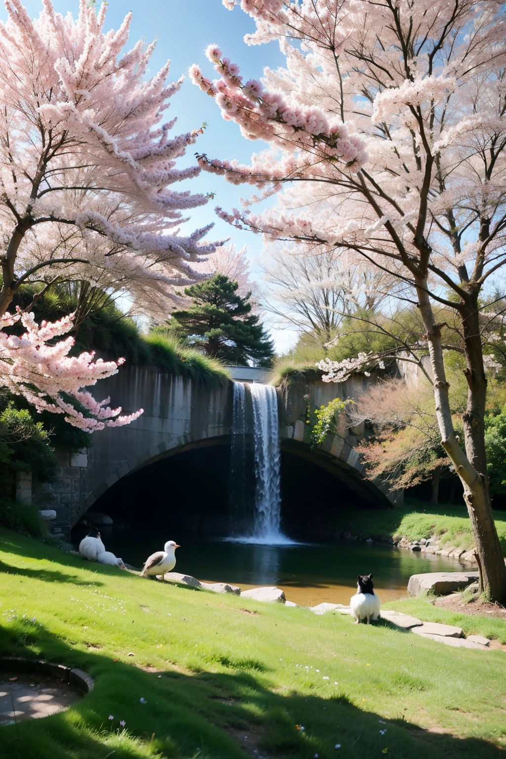 Draw a picture depicting the vibrant scenery of spring，There are characters and animals