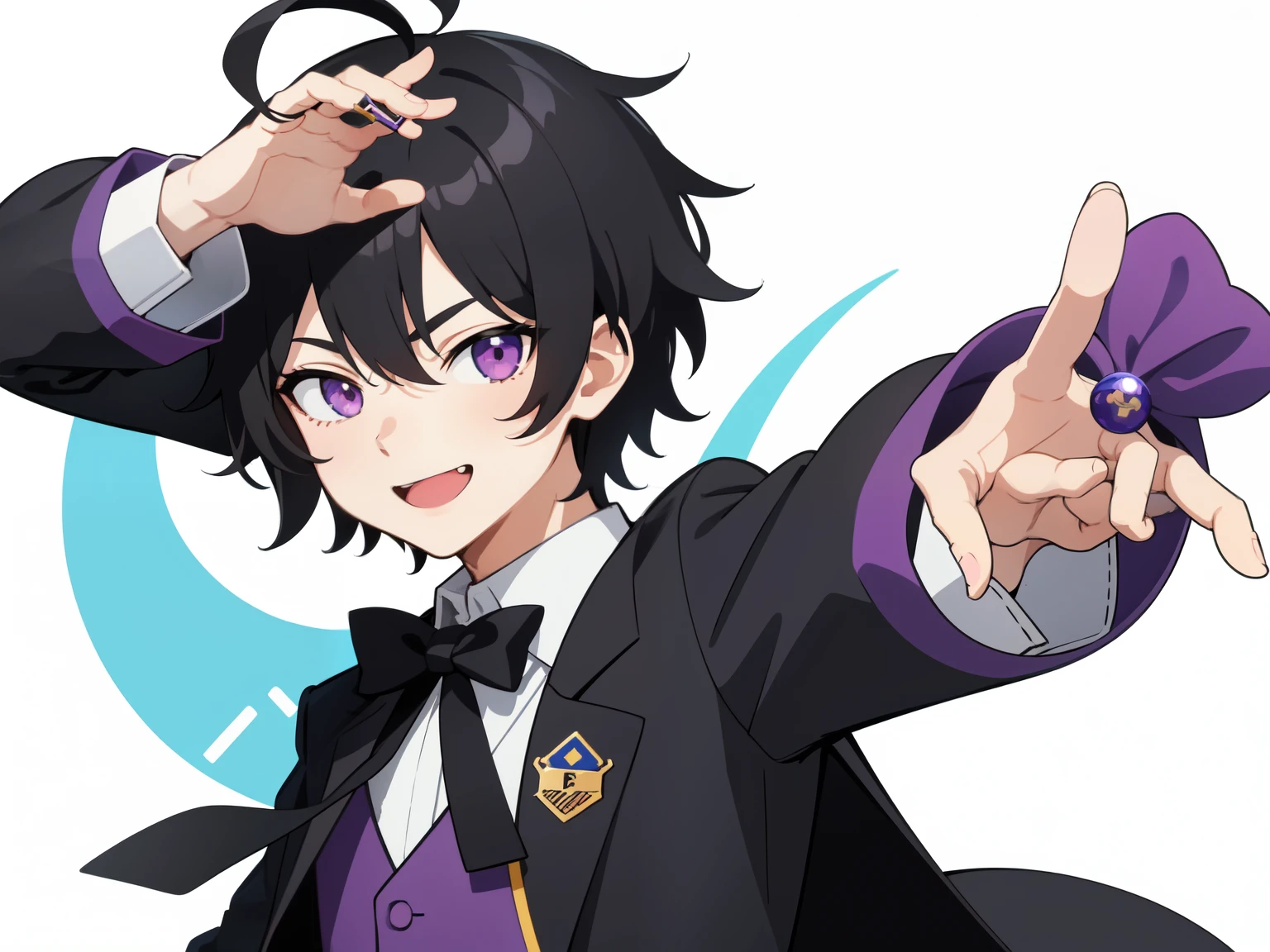  looking at the viewer, simple background、white background, 1 man, open your mouth, smile, Virtual YouTuber、((highest quality, expensive_solve, clear_image)),(black hair), (Ahoge), (ridiculously short hair), (purple eyes),、laughter、((concept art))、((front))、Men、random pose