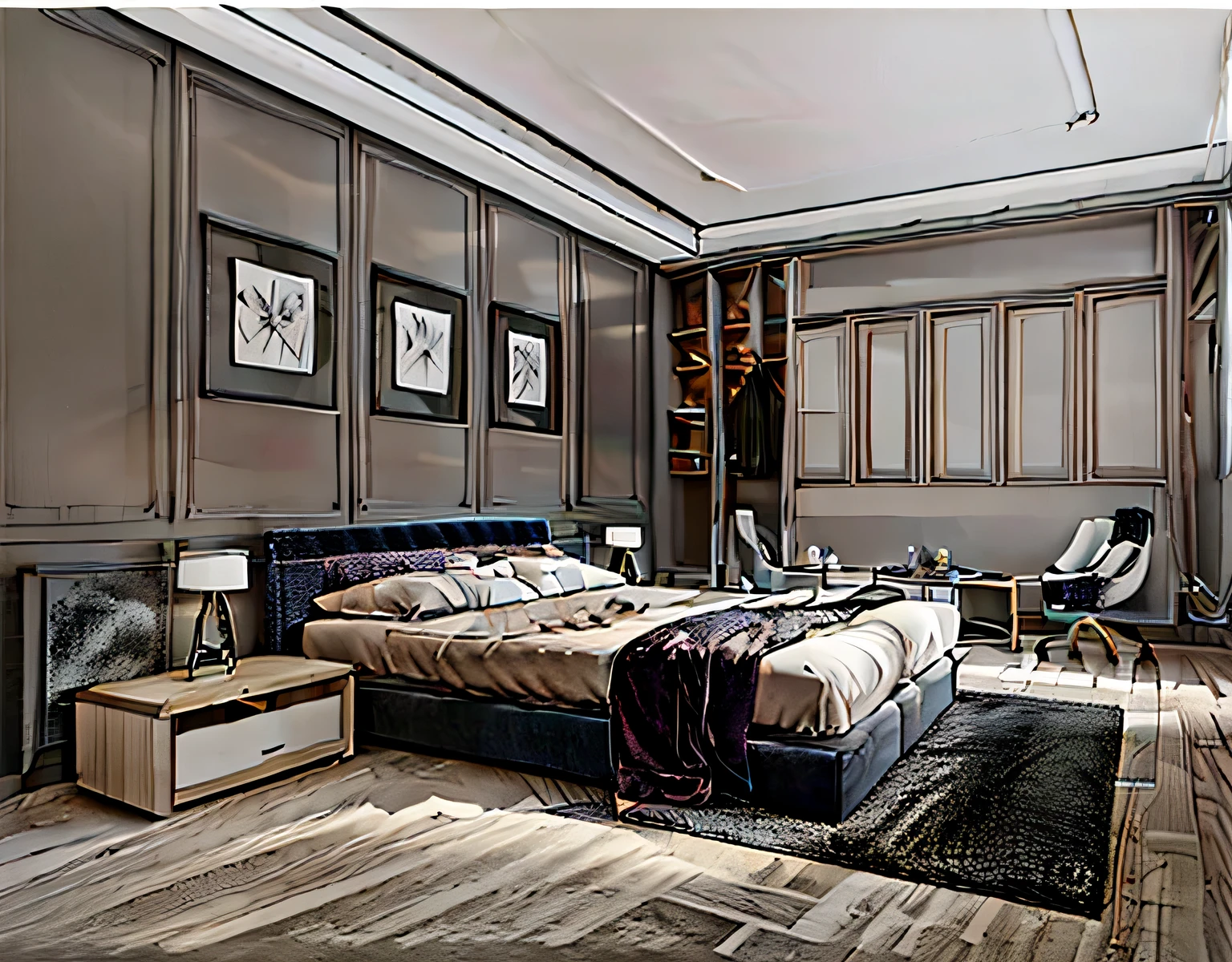 a drawing of a bedroom with a bed, dresser, and a chair, an interior of room, bedroom background, sketch illustration, sketch black and white colors, interior of room, inside of a bedroom, bedroom interior, outline drawing, minimalist line drawing, linear illustration, realistic line drawing, line drawing, clean ink detailed line drawing, stock illustration