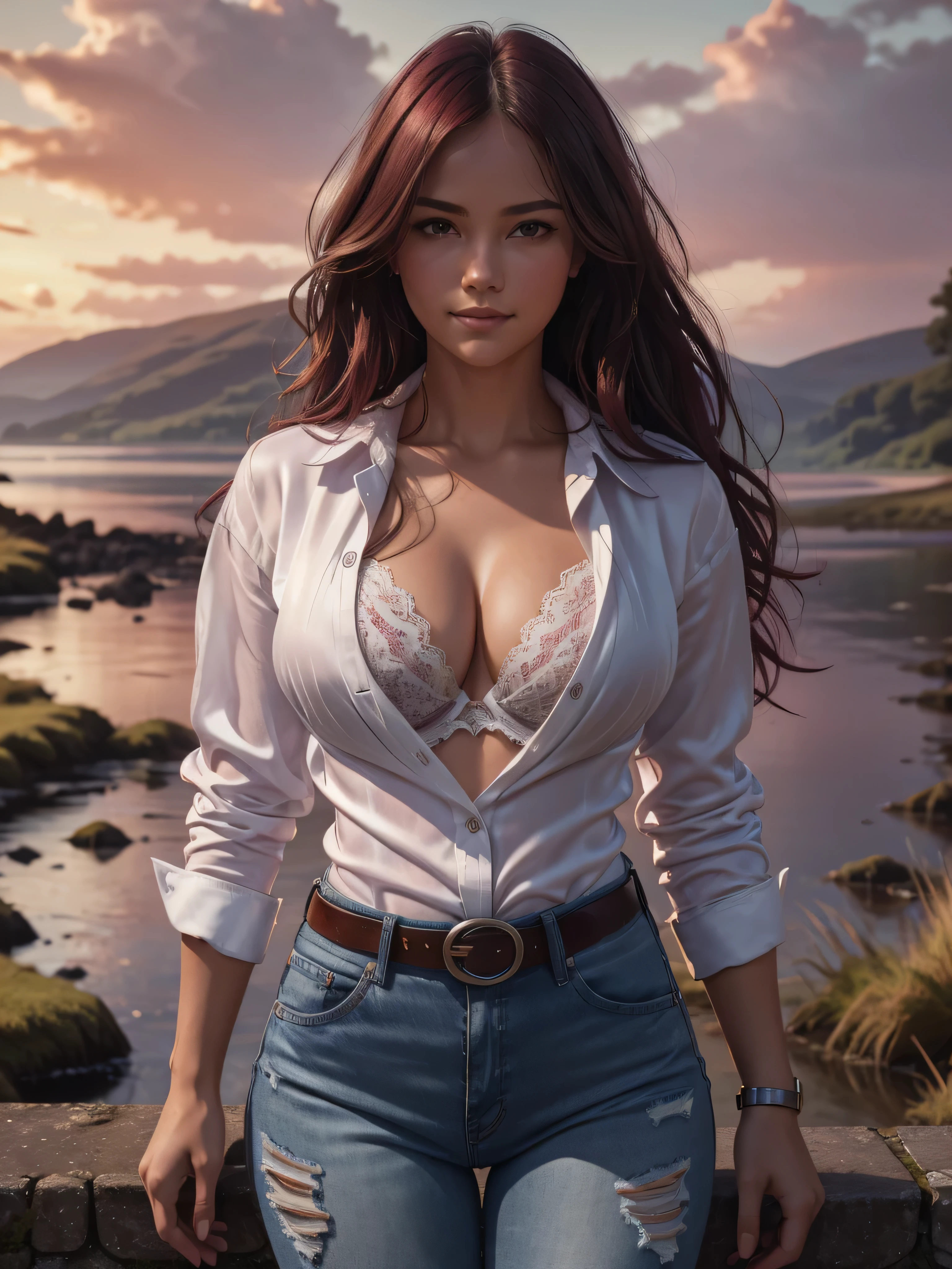 Foreground: a gorgeous woman, wet wavy hair in the wind. she's a men magazine model, She has a subtle smile and flirts with the camera, (white unbuttoned silk shirt, burgundy lace bra and burgundy worn denim pants with big belt:1.2), background landscape of Scotland Loch and Scottish castle ruins, (in sunset light:1.2), , perfect eyes, perfect hands, perfect body, perfect hair, perfect breast, hair behind ear, UHD, retina, masterpiece, accurate, anatomically correct, textured skin, super detail, high details, high quality, award winning, best quality, highres, 16k, 8k,