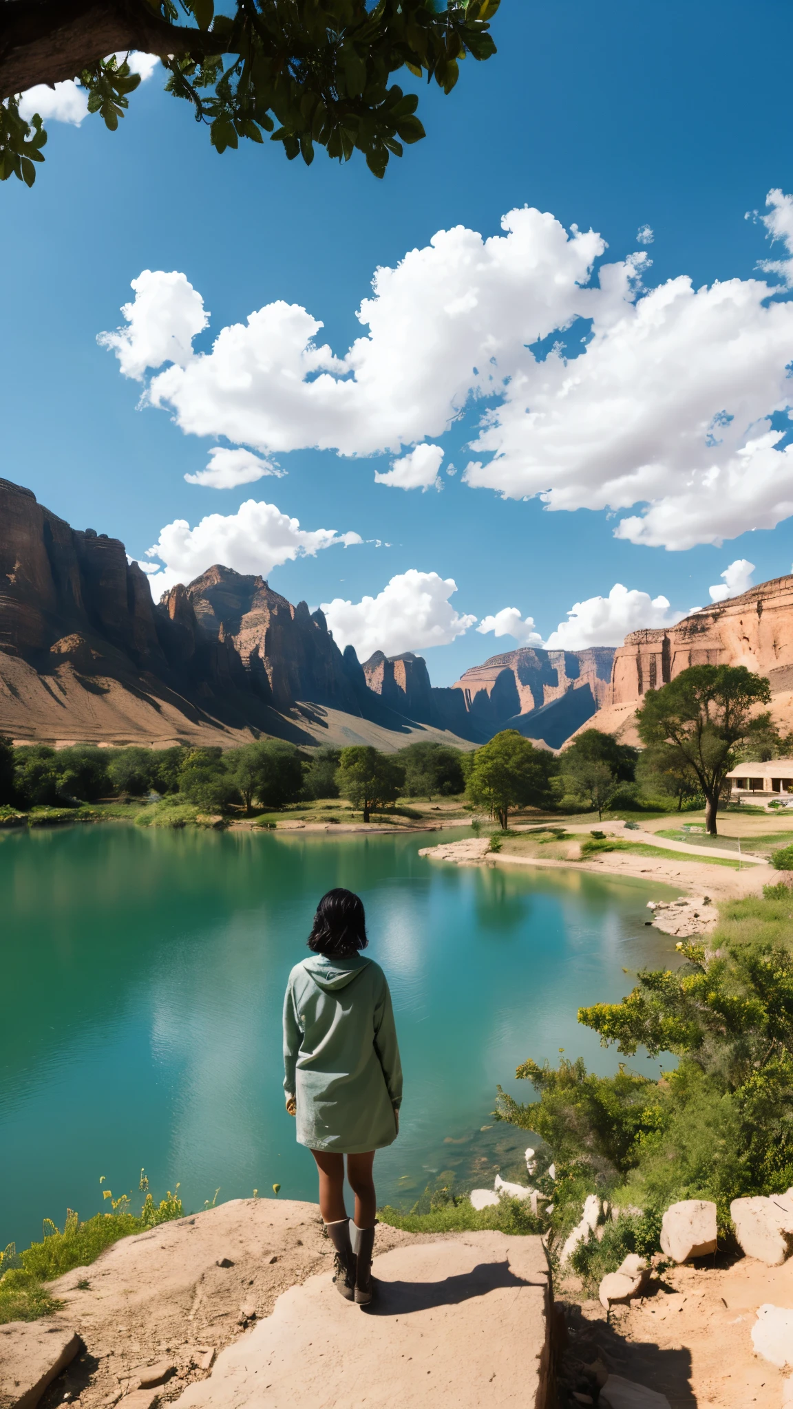 canyon ruins large tree pickaxe explorer explorer&#39;s clothes hair green adult woman short hair ruins large lake absurdity sky vast nature