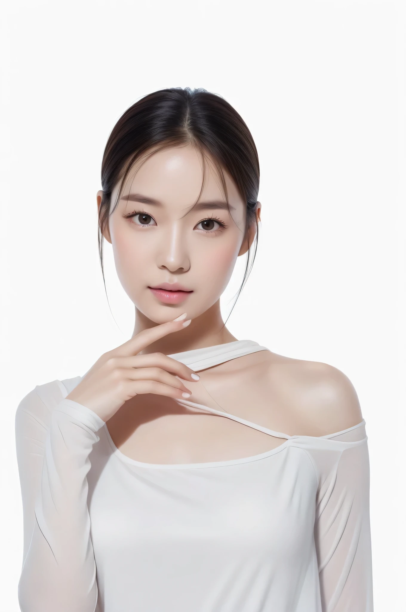 1 real photo of a cute Korean star, Medium long hair, fine hair, White skin, Light makeup,,wearing white clothes, closeup portrait, ultra high definition，front，Show forehead，Full forehead，Don&#39;t cover up the role，Model the face，glow，front面对着镜头，，youth and beauty，Don&#39;t cover your body，Upper body，light color dress，white dress，
