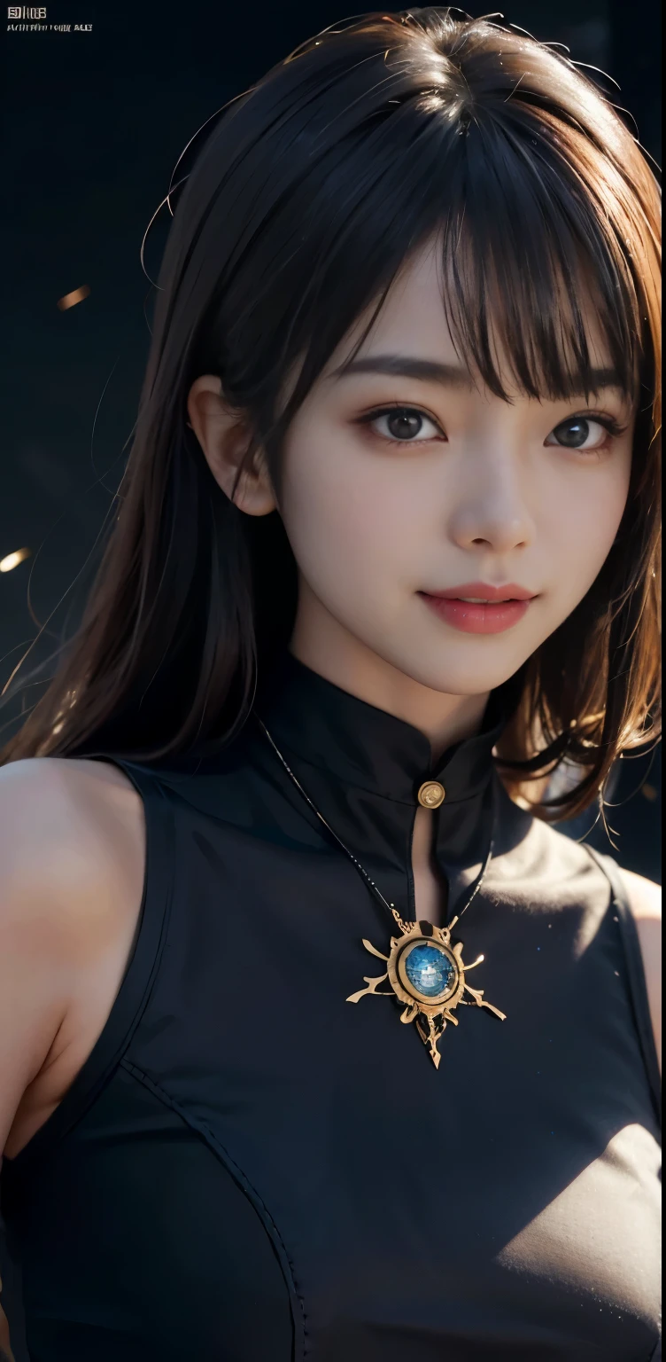 Masterpiece, 1 Beautiful Girl, Detailed, Swollen Eyes, Top Quality, Ultra High Resolution, (Reality: 1.4), Original Photo, 1Girl, Cinematic Lighting, Smiling, Japanese, Asian Beauty, Korean, Clean, Super Beautiful,  Young Face, Beautiful Skin, Slender, Cyberpunk Background, (ultra realistic), (high resolution), (8K), (very detailed), (best illustration), (beautifully detailed eyes), (super detailed), (wallpaper), (detailed face), viewer looking, fine detail, detailed face, pureerosfaceace_v1, smiling, 46 point slanted bangs, looking straight ahead, neat clothes, dark colored eyes, clothes sleeveless, body facing front,