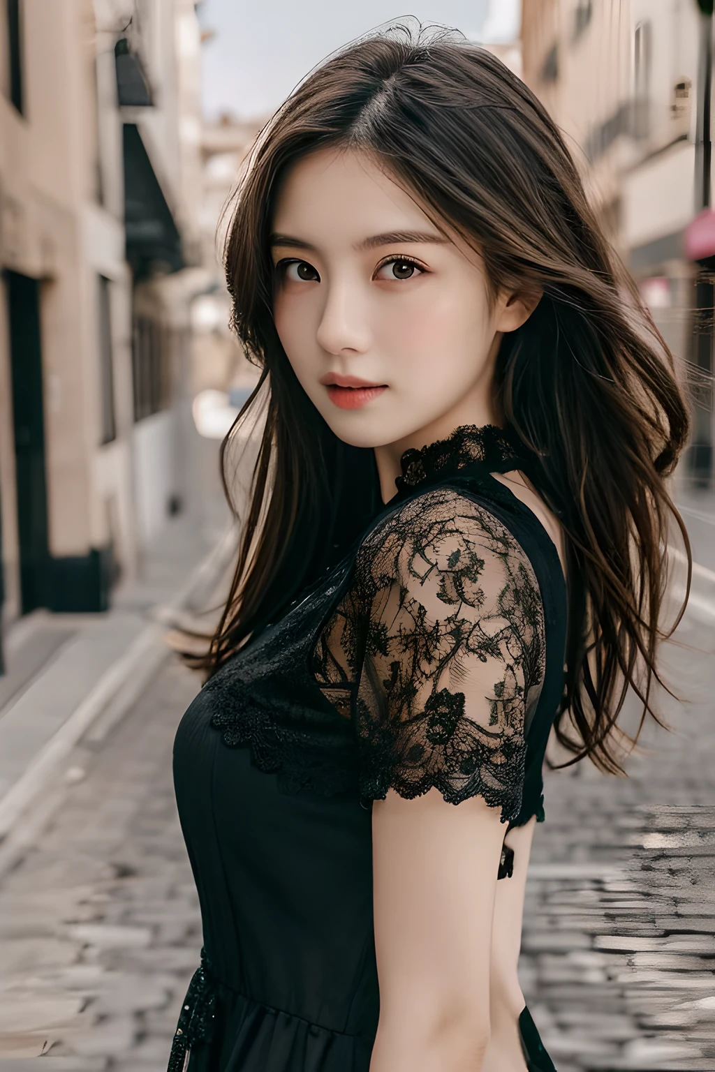Ulchan-6500-v1.1,(masterpiece, highest quality:1.3), (Ultra-detailed 8K:1.2), (hyperrealistic:1.35),(Raw photo:1.2),highest quality, High resolution, wallpaper, realistic, bright lighting, professional lighting, face light, smooth lighting,
BREAK Japanese women, 20-year-old, cute, action, gravure, sexy, wearing , super beautiful, beautiful skin, beautiful and detailed eyes, detailed face, slim, Moderately, clean long hair, brunette hair, dark brown eyes, look at the camera, (full shot:1.3),
(european gothic cityscape:1.3),(lace dress:1.3),