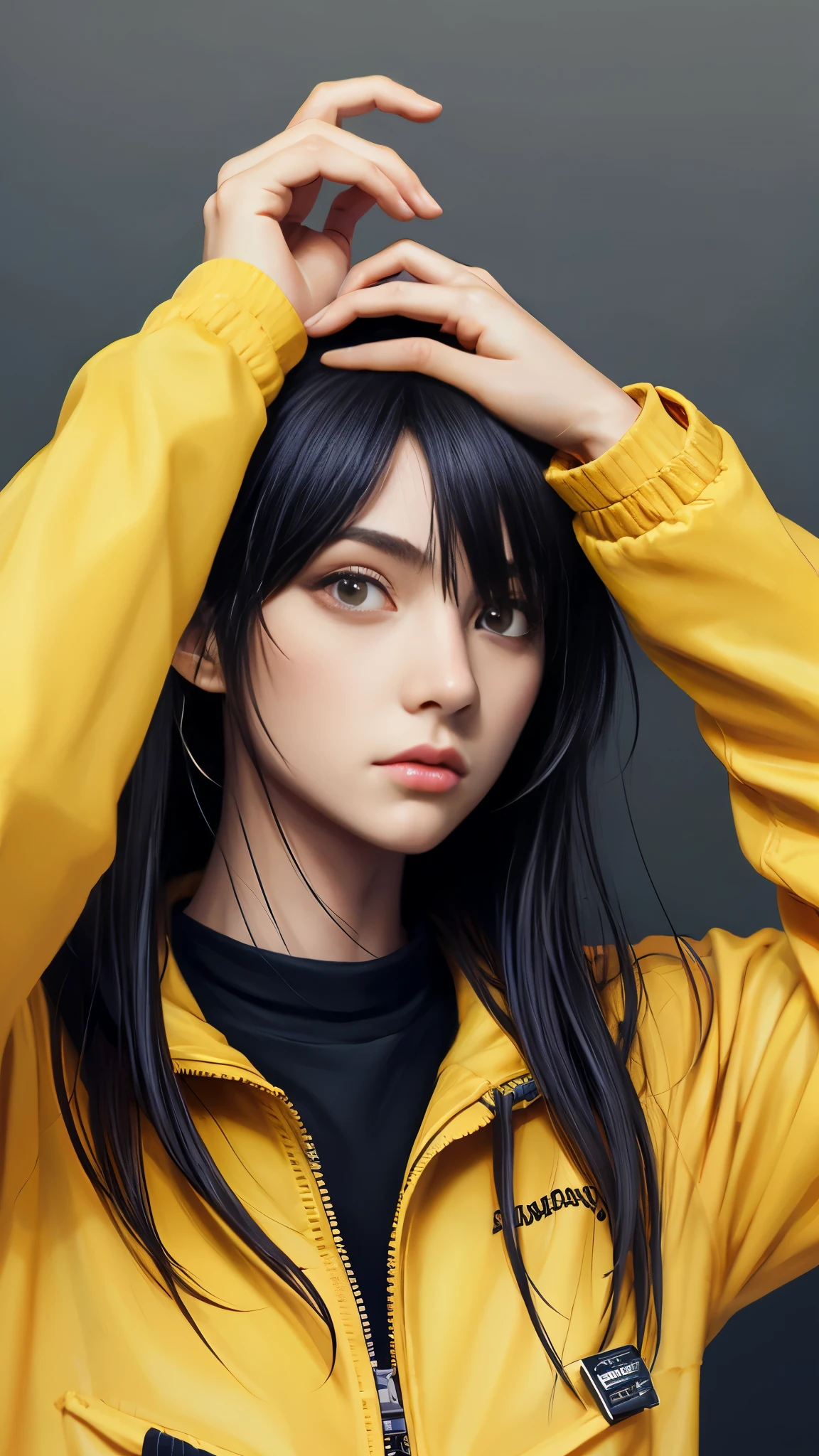 girl, yellow jacket, put one&#39;s hand in one&#39;s pocket, look at others, long black hair, unusual eyes, unusual eyes, unique pupil, 8K resolution, very detailed, anatomically correct, digital painting, concept art, Makoto Shinkai style, clear image,  