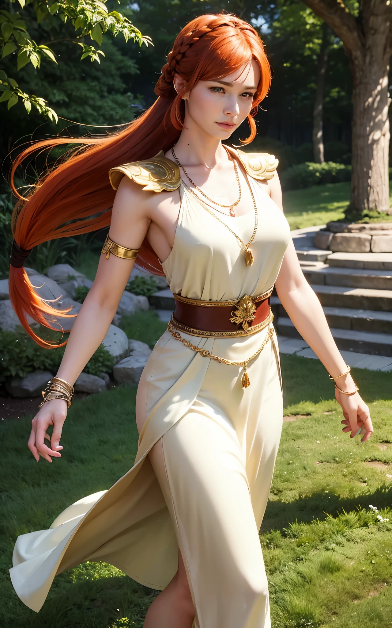 Flamme, (young Lena Headey:Evangeline Lilly), A 35-year-old woman with orange hair, green eyes, sideburns, one large braid, a gold necklace with a ruby pendant, dressed in a white Greek tunic and Roman sandals, with gold bracelets on her arms, forest in the background, masterpiece, hyperdetailed,((1girl)) ,bangs,braided ponytail,single braid,orange hair,very long hair,sidelocks,red earrings,hair over one eye,