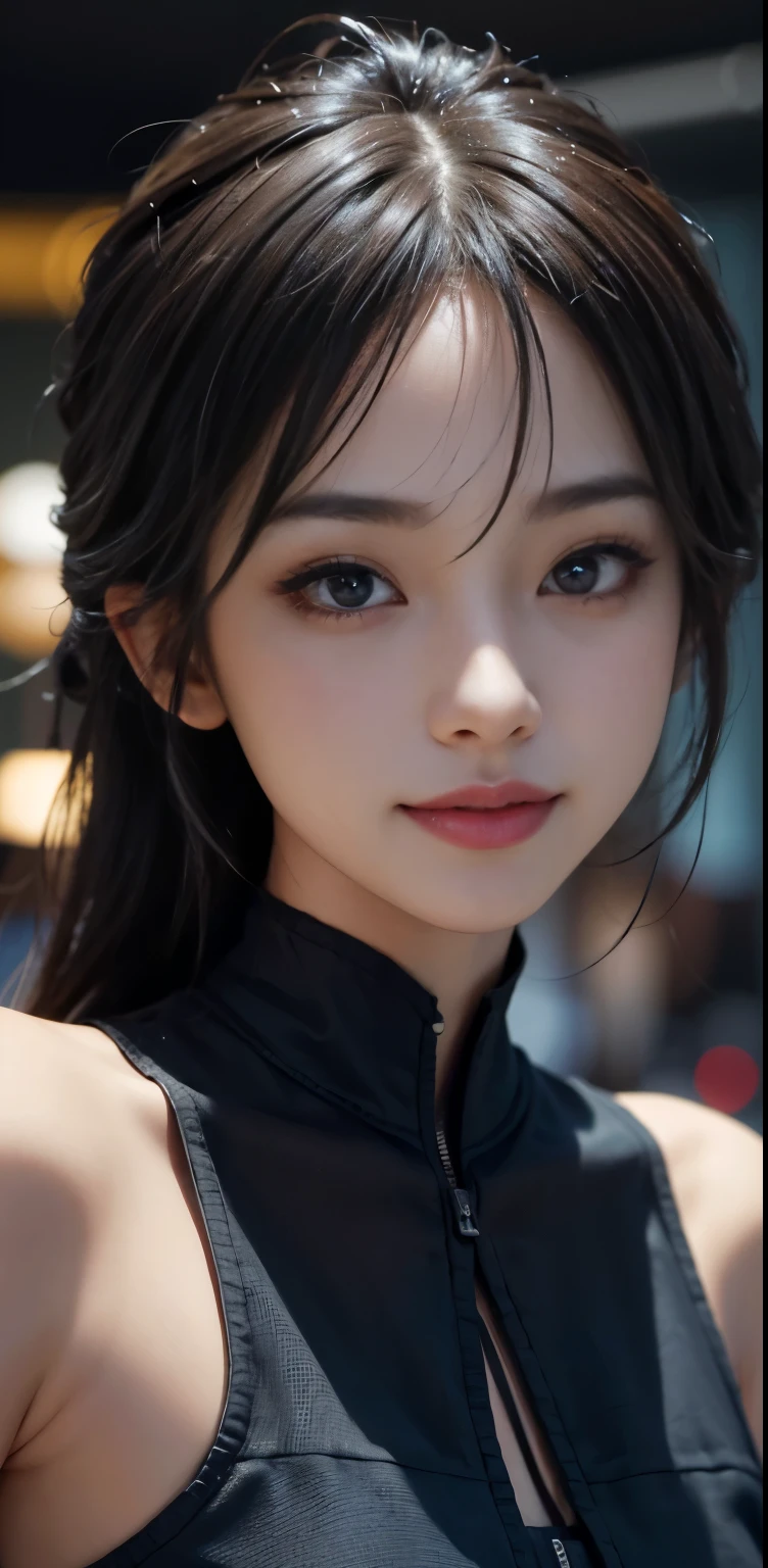 Masterpiece, 1 Beautiful Girl, Detailed, Swollen Eyes, Top Quality, Ultra High Resolution, (Reality: 1.4), Original Photo, 1Girl, Cinematic Lighting, Smiling, Japanese, Asian Beauty, Korean, Clean, Super Beautiful, Little Young Face, Beautiful Skin, Slender, Cyberpunk Background, (ultra realistic), (high resolution), (8K), (very detailed), (best illustration), (beautifully detailed eyes), (super detailed), (wallpaper), (detailed face), viewer looking, fine detail, detailed face, pureerosfaceace_v1, smiling, 46 point slanted bangs, looking straight ahead, neat clothes, dark colored eyes, clothes sleeveless, body facing front,