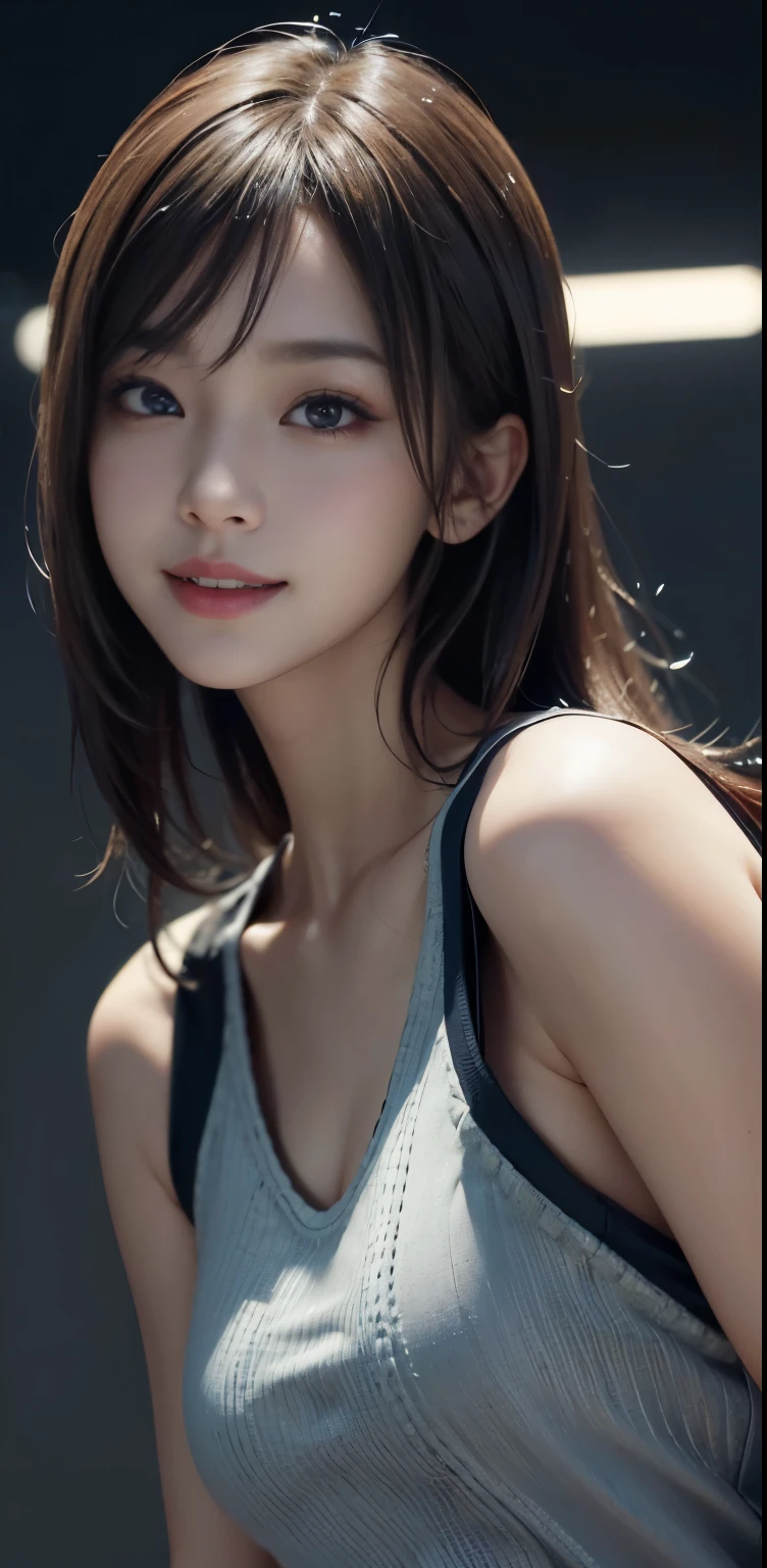 巨作, Best quality, (Realistic), (Perfect face), intricate complexity, Ultra detail, 3D art, a 3D render, 8K, Simple background, Natural light, (tchibi:1.4), 1girll, standing, Black hair, Green eyes, Casual, Smile, arms stretched wide,head portrait