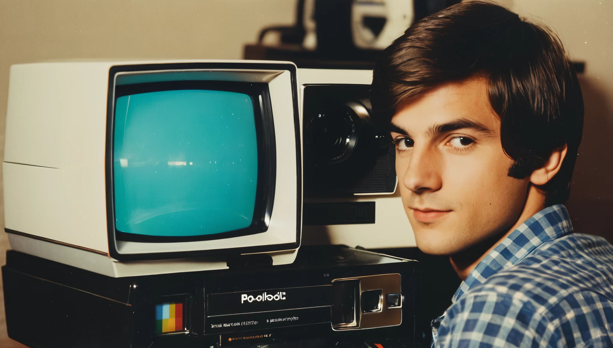 From side, Analog photography.polaroid, A 1970 .young geek software developer in front of his personal computer. Cathodic screen