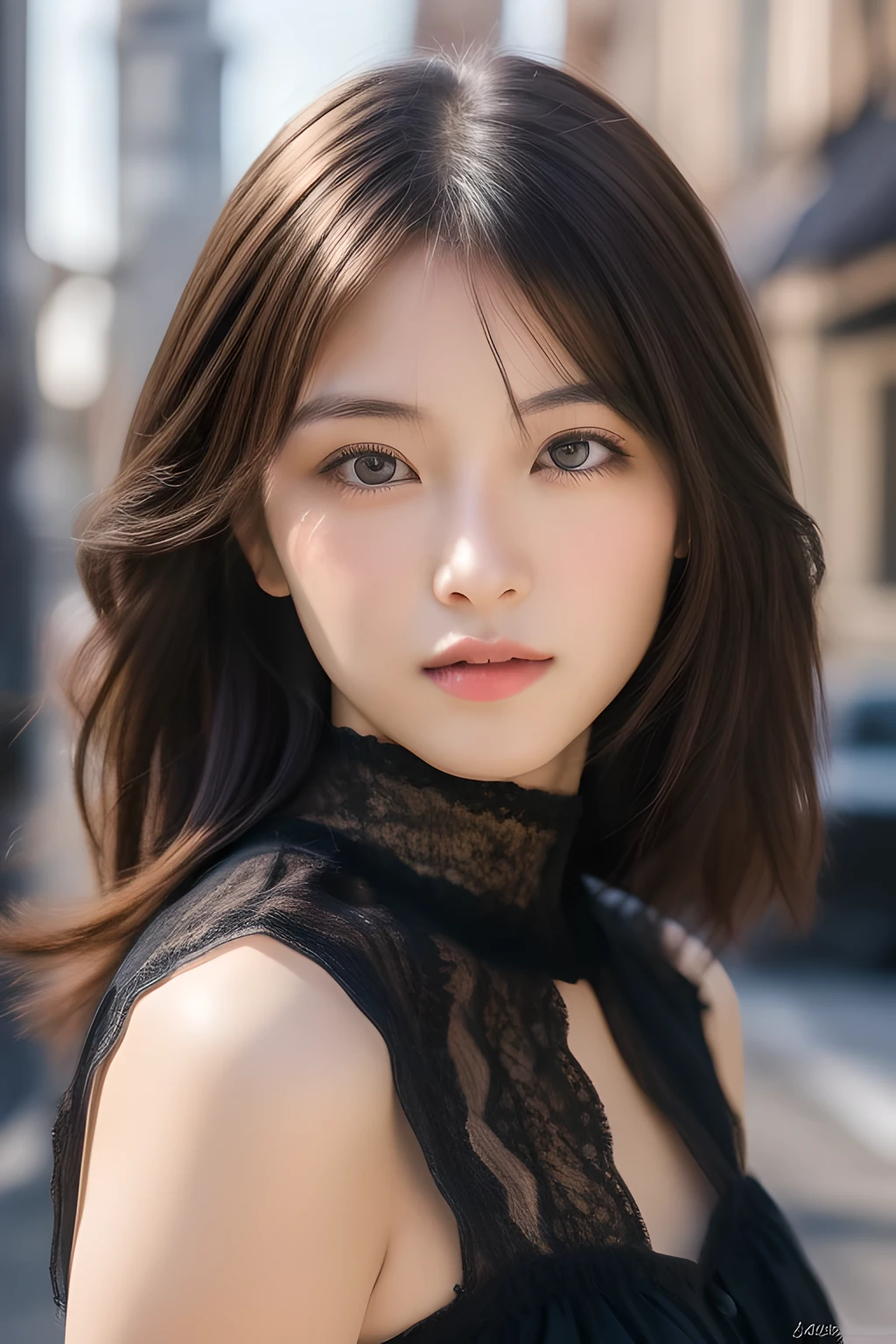 Ulchan-6500-v1.1,(masterpiece, highest quality:1.3), (Ultra-detailed 8K:1.2), (hyperrealistic:1.35),(Raw photo:1.2),highest quality, High resolution, wallpaper, realistic, bright lighting, professional lighting, face light, smooth lighting, BREAK Japanese women, 20-year-old, cute, action, gravure, sexy, wearing , super beautiful, beautiful skin, beautiful and detailed eyes, detailed face, slim, moderately, clean long hair, brunette hair, dark brown eyes, look at the camera, (full shot:1.3), (european gothic cityscape:1.3),(lace dress:1.3),