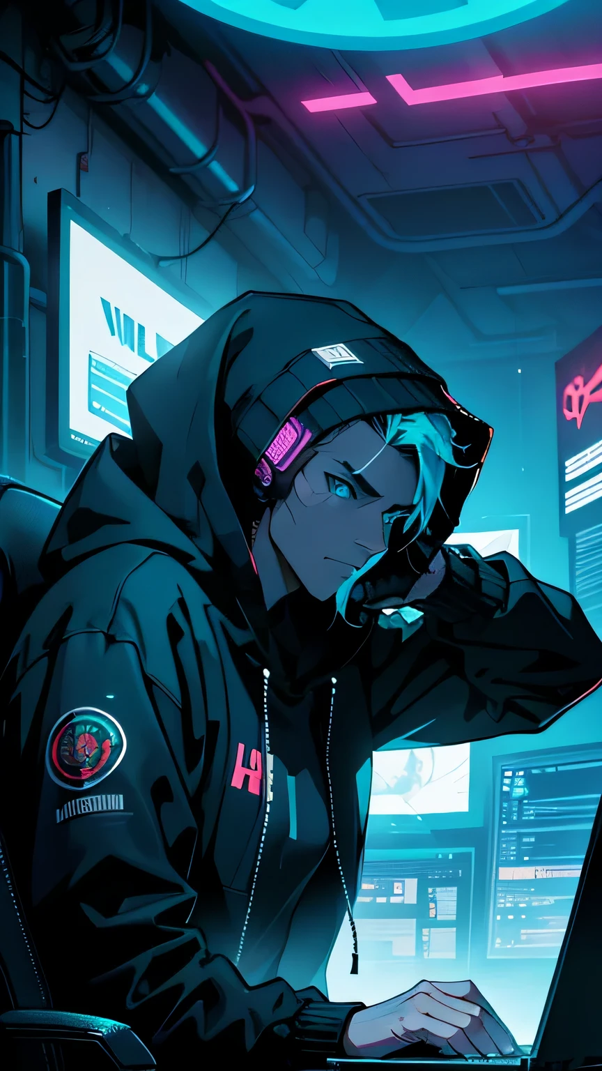 in a dimly lit room, One wearing a hoodie、Man with hidden identity sitting attentively at table, His eyes are focused on the glowing screen of his laptop. His cyberpunk outfit blends perfectly with the dark and gritty cyber background of the illustration, 《Valorant》an ode to a mysterious hacker. Inspired by the brilliant work of Kilian Eng, This digitally composite portrait is a masterpiece of cyberpunk art, Exuding an aura of cosplay and reverence for the internet gods. Intricate cyberpunk illustrations feature a captivating teal and black color palette, Create an atmosphere of mystery and intrigue