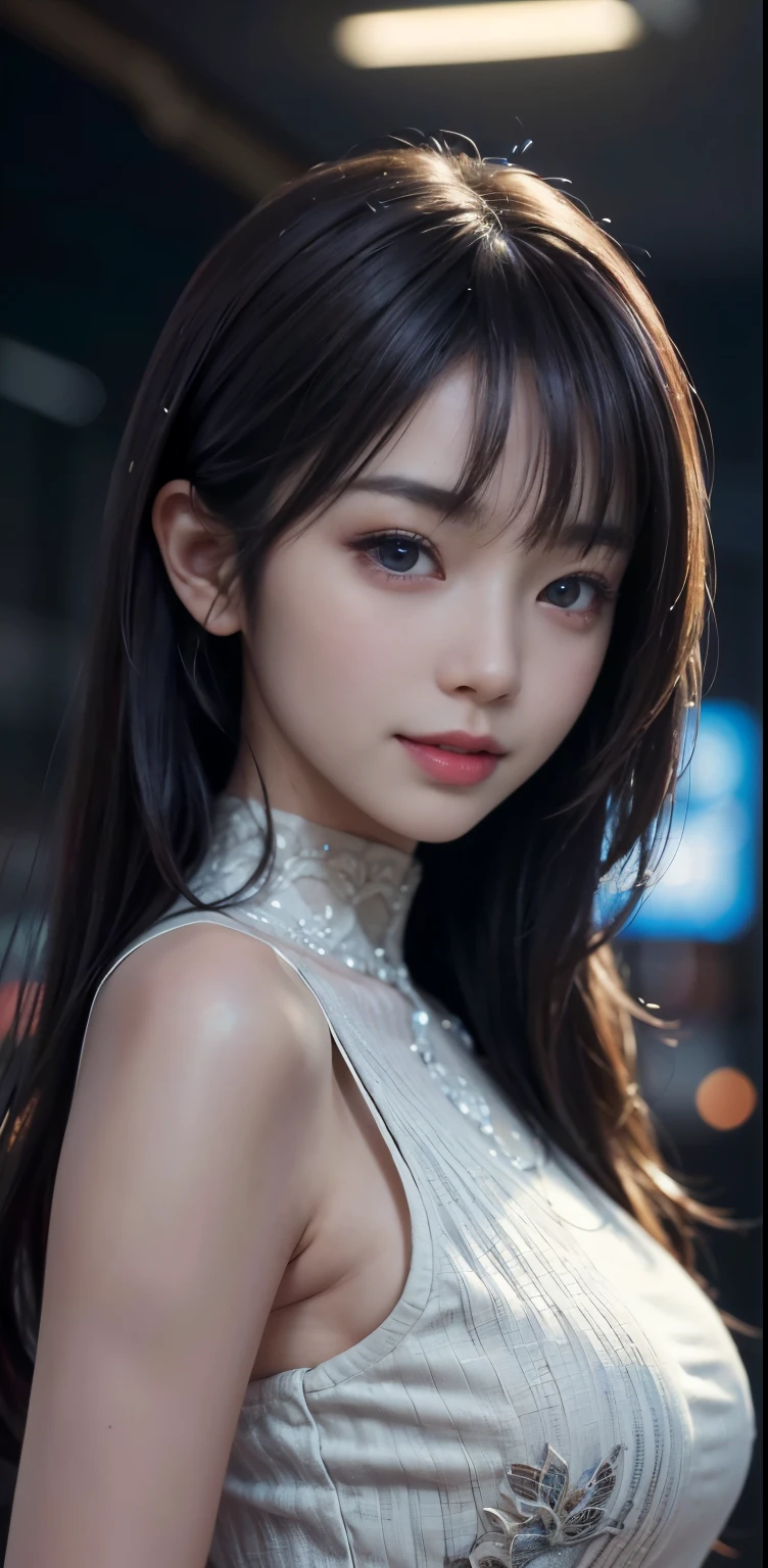 Masterpiece, 1 Beautiful Girl, Detailed, Swollen Eyes, Top Quality, Ultra High Resolution, (Reality: 1.4), Original Photo, 1Girl, Cinematic Lighting, Smiling, Japanese, Asian Beauty, Korean, Clean, Super Beautiful, Little Young Face, Beautiful Skin, Slender, Cyberpunk Background, (ultra realistic), (high resolution), (8K), (very detailed), (best illustration), (beautifully detailed eyes), (super detailed), (wallpaper), (detailed face), viewer looking, fine detail, detailed face, pureerosfaceace_v1, smiling, 46 point slanted bangs, looking straight ahead, neat clothes, dark colored eyes, clothes sleeveless, body facing front,