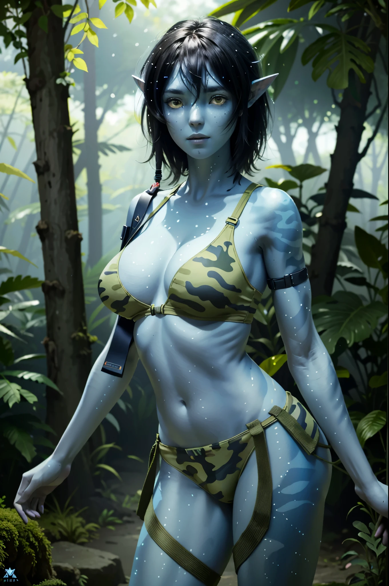 ((ultra detailed, masterpiece, absurdres))
 AvKiri, 1girl, deep blue skin, yellow eyes, black hair, short hair, portrait, huge round breasts, in the forest, army, wearing adventurer suit, camoflage, exploration, crop top, bra, massive breasts, military material, bioluminescence, bioluminescent dots on the skin