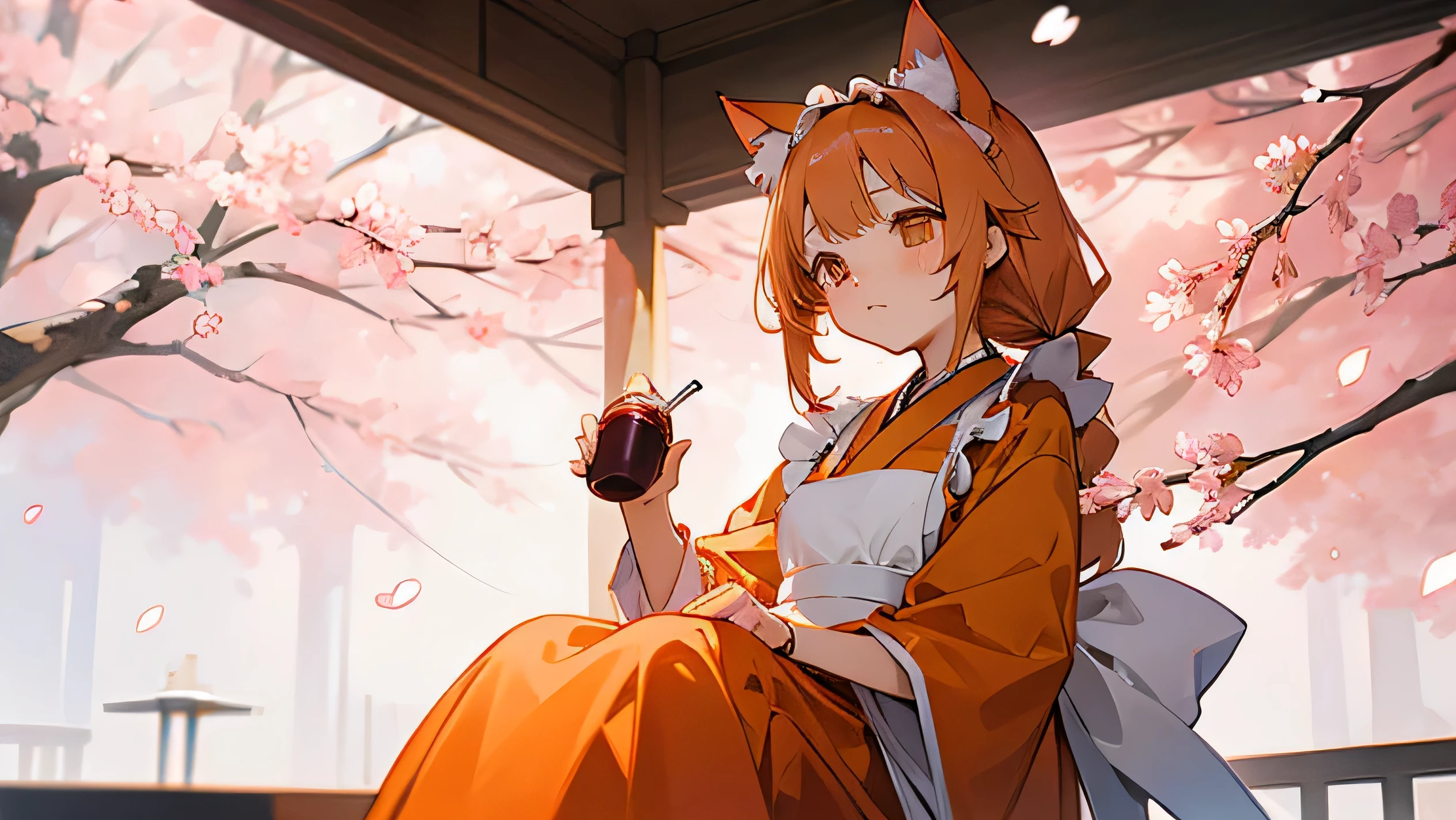 anime girl、beautiful girl、Cat ear、Japanese style maid clothes、orange clothes、Braid、gray hair、apron、gorgeous atmosphere、cherry blossoms、Soda Float