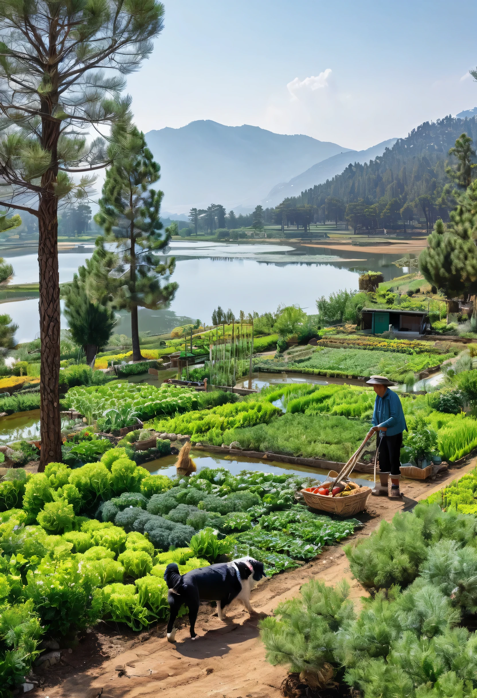 The agricultural situation is beautiful, planted with lots of vegetables and trees, followed by two farmers and a dog, and there are also lakes and rivers that flow clearly around it and some pinus trees in the garden