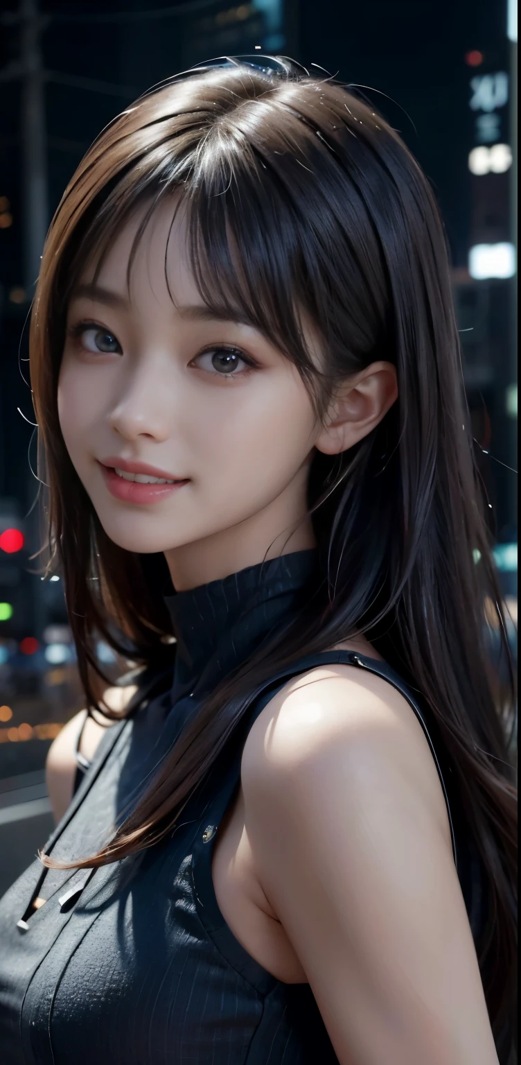 Masterpiece, 1 Beautiful Girl, Detailed, Swollen Eyes, Top Quality, Ultra High Resolution, (Reality: 1.4), Original Photo, 1Girl, Cinematic Lighting, Smiling, Japanese, Asian Beauty, Korean, Clean, Super Beautiful, Little Young Face, Beautiful Skin, Slender, Cyberpunk Background, (ultra realistic), (high resolution), (8K), (very detailed), (best illustration), (beautifully detailed eyes), (super detailed), (wallpaper), (detailed face), viewer looking, fine detail, detailed face, pureerosfaceace_v1, smiling, 46 point slanted bangs, looking straight ahead, neat clothes, dark colored eyes, clothes sleeveless, body facing front,