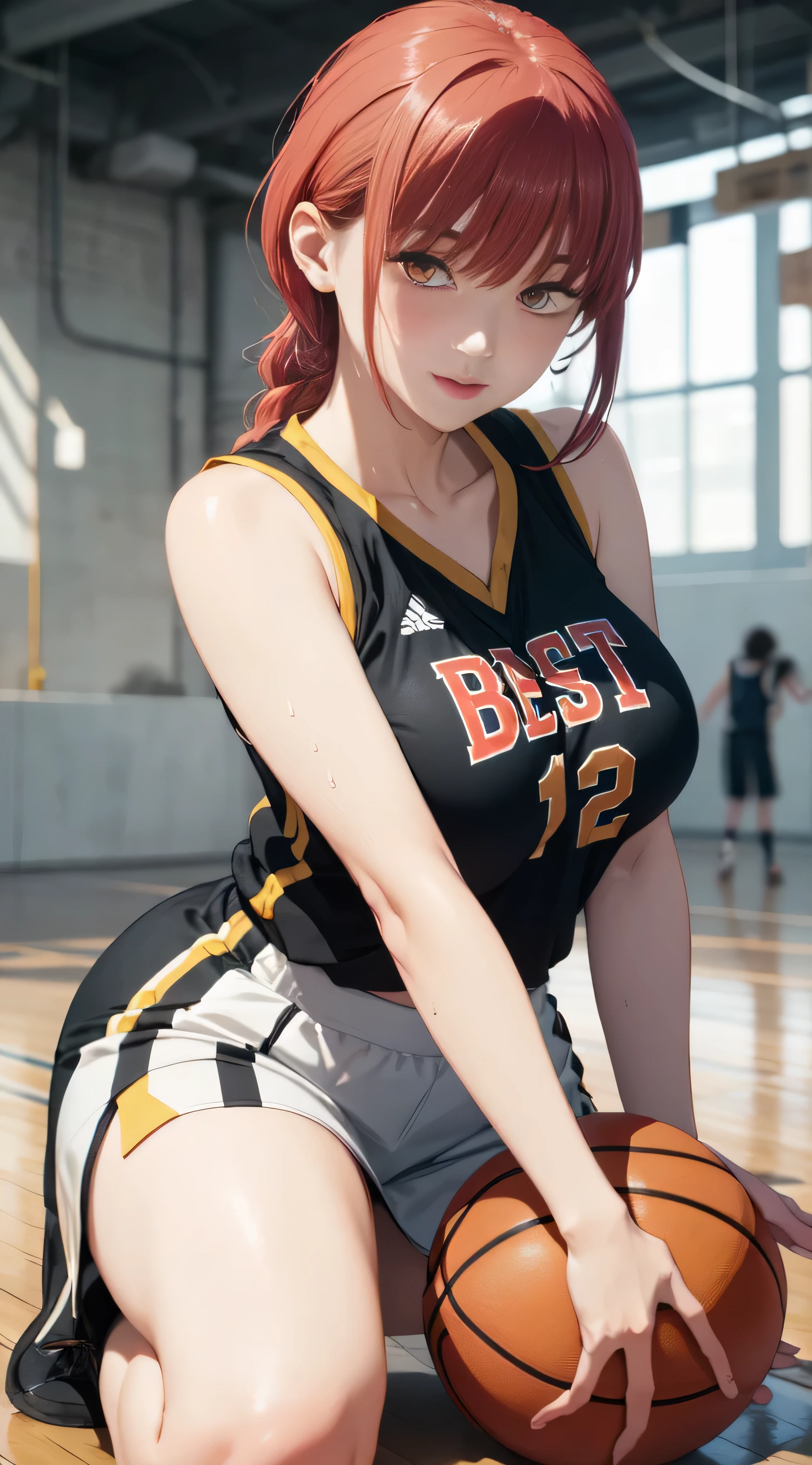 ((masterpiece, Best Quality, high resolution, Perfect Pixel, 8K))), 1 girl、slim thighs、full body seen、 ((Bangs、Red gorgeous hairs))、(( Beautiful eyelashes、Realistic eyes))、 ((Detailed face, Blushing:1.2))、((Smooth texture:0.75, Realistic texture:0.65, Photorealistic:1.1, Anime CG style))、Dynamic Angle、Perfect body、(Women Sports skirt、Background Basketball court、Playing basketball、Basketball uniform)、Perfect realistic representation of face、(no-bra)、seducing face at viewer、beautiful portrait、very High quality、slim figure、ultra high definition、 insanely detailed face、ultra high quality、ultra high clarity、best quality)、insanely detailed dress、realistic representation of a face、curvy body、shoes、white skin、posing for a hot pic、navel、best image quality、best clarity、 highest resolution、8k resolution、ultra high resolution、beautiful smile、beautiful eyelashes、beautiful face、gorgeous representation of a face、curvy body、perfect body、viewer seen from front、full body posture、erect through、erotic face、glistening sweat、dynamic lightning、perfect body、dynamic lightning、 (innocent_big_eyes:1.0)、Bright_Front_face_Lighting、shiny skin、bokeh:1.2、Full body shot、professional photograph、(Beautiful,large_Breasts:1.4)