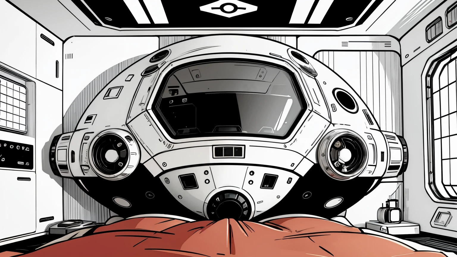 background,Space capsule,Room,mechanical,Inside the space battleship。Part of the spaceship。black and white and red,color matching。The lines are rough,thick strokes。 Flat anime style, cartoon minimalism, Flat vector art, flat illustration, cute cartoon。chart, symmetry,Front view。