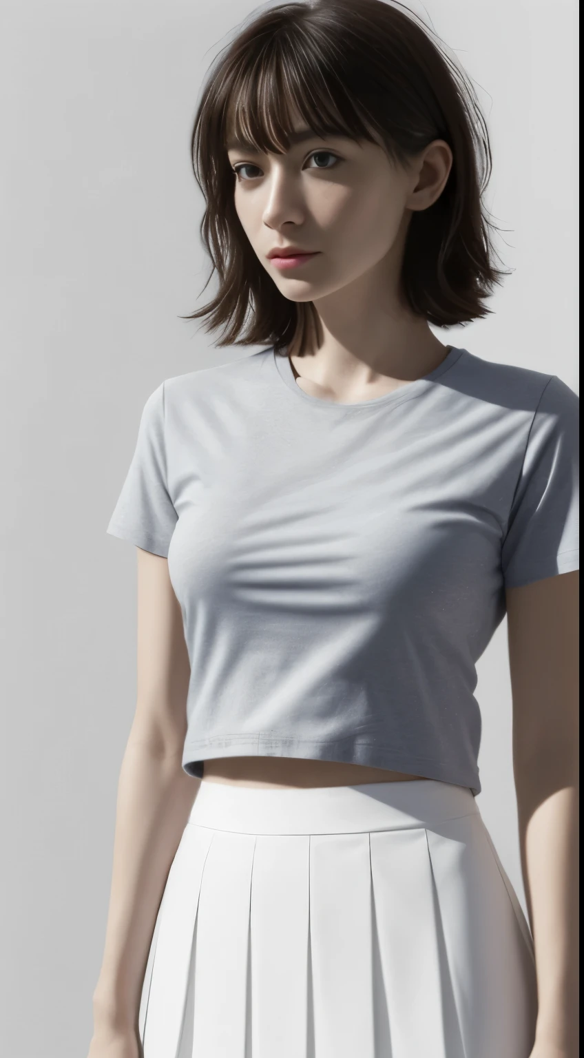 (alone)，realistically，Slick face，summer，movie theater lamp，kawaii face，Very detailed CG Unity 8K wallpaperasterpiece，Highest picture quality，Delicate lighting and shadows，The picture is very dramatic.，movie lens effect，Excellent display，white background, Model body type、slim、Has a characteristic、small breasts、Plain white t-shirt、Tennis skirt,