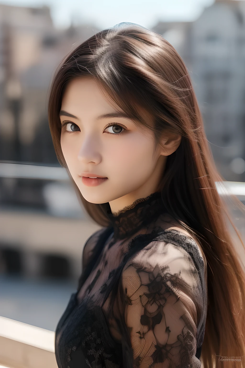 Ulchan-6500-v1.1,(masterpiece, highest quality:1.3), (Ultra-detailed 8K:1.2), (hyperrealistic:1.35),(Raw photo:1.2),highest quality, High resolution, wallpaper, realistic, bright lighting, professional lighting, face light, smooth lighting, BREAK Japanese women, 20-year-old, cute, action, gravure, sexy, wearing , super beautiful, beautiful skin, beautiful and detailed eyes, detailed face, slim, moderately, clean long hair, brunette hair, dark brown eyes, look at the camera, (full shot:1.3), (european gothic cityscape:1.3),(lace dress:1.3),