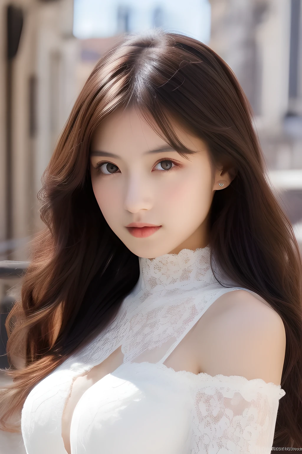 Ulchan-6500-v1.1,(masterpiece, highest quality:1.3), (Ultra-detailed 8K:1.2), (hyperrealistic:1.35),(Raw photo:1.2),highest quality, High resolution, wallpaper, realistic, bright lighting, professional lighting, face light, smooth lighting, BREAK Japanese women, 20-year-old, cute, action, gravure, sexy, wearing , super beautiful, beautiful skin, beautiful and detailed eyes, detailed face, slim, moderately, clean long hair, brunette hair, dark brown eyes, look at the camera, (full shot:1.3), (european gothic cityscape:1.3),(lace dress:1.3),