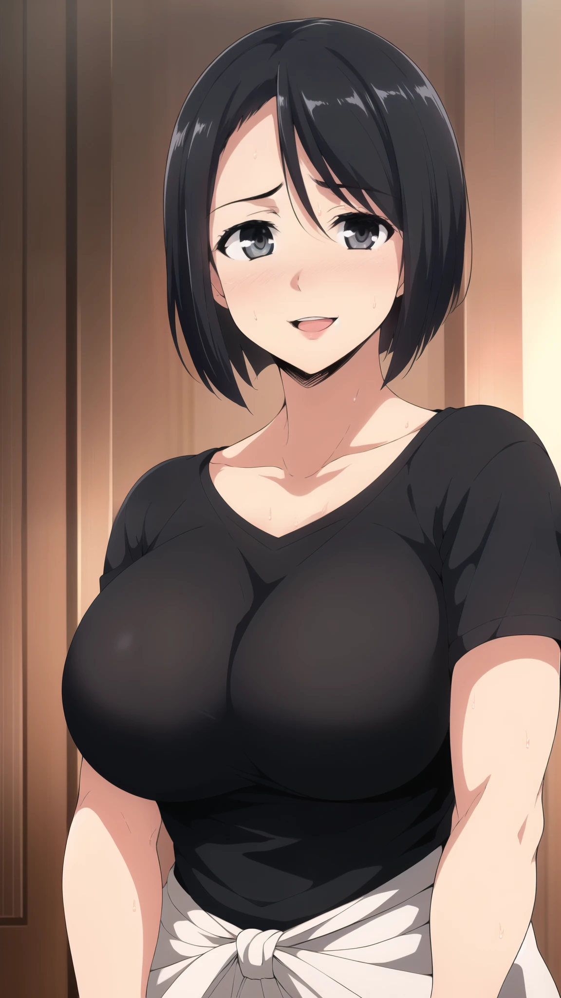 1girl, greyscale,  black hair, black eyes, black shirt, indoors, solo, blush, breasts, large breasts, short hair, looking at viewer,   sweatdrop, smile, collarbone, upper body, shirt, open mouth,  , bangs, short sleeves, parted lips, bob cut, t-shirt, screentones,   sweat, between breasts, embarrassed, (masterpiece: 1.0), (best_quality: 1.0), ultra high resolution, 4K, ultra detailed, photography, 8K, HDR, highres, absurders:1.2, Kodak portra 400, film grain, blurred background, bokeh:1.2, l (vibrant_color:1.2) (Beautiful,Large_Breasts:1.6), (beautiful_face:1.5),(narrow_waist), anime style, sharp focus, professional artwork,trending on pixiv, detailed bold arm lines, high color saturation, bold lines, bold drawing lines), open mouth, (white skin, (fair skin), slender body, milf, perfect face)