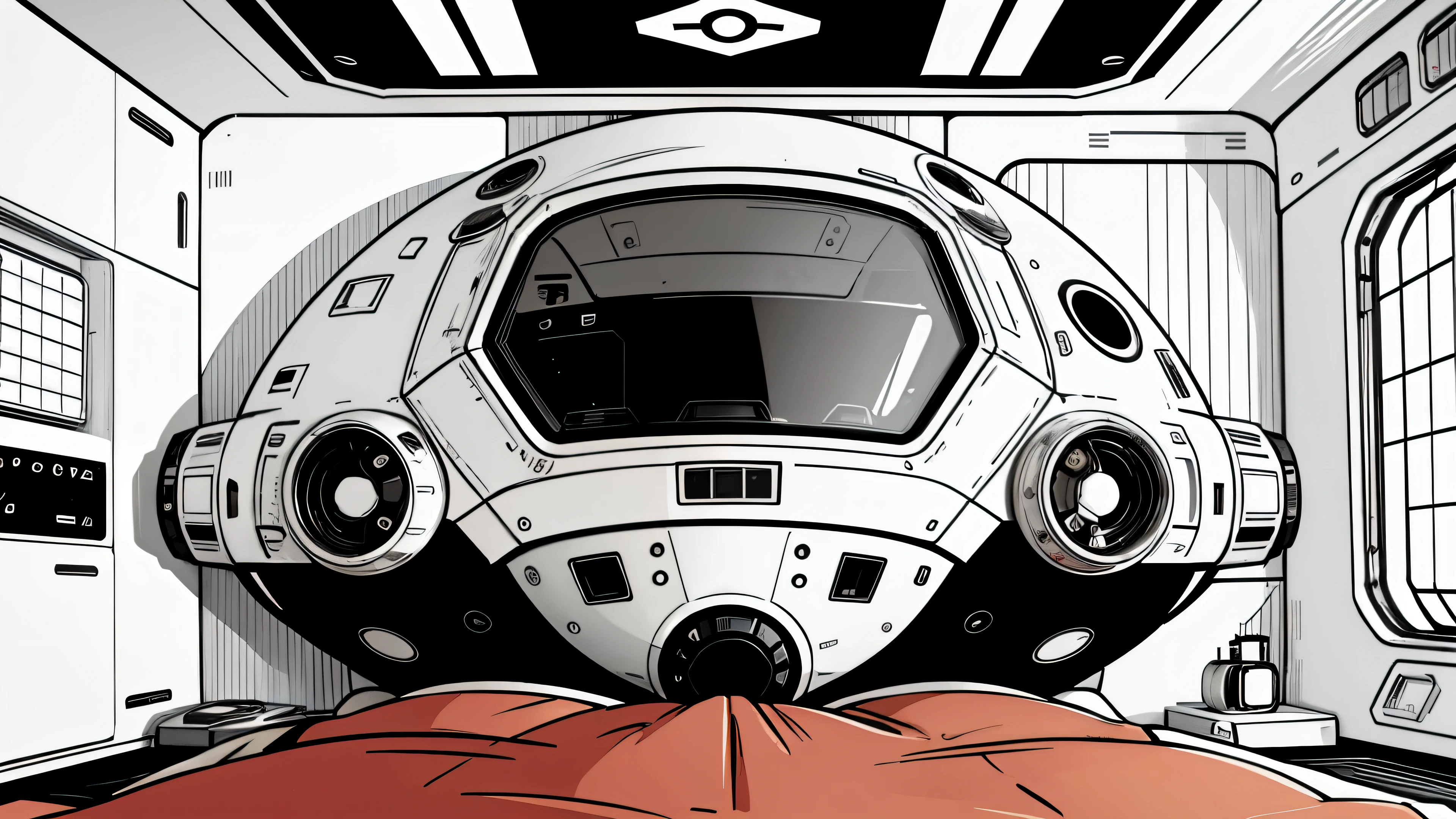 background,Space capsule,Room,Mechanical,Inside the space battleship。part of spaceship。black、white、red,color matching。The lines are rough,thick strokes。 Flat anime style, cartoon minimalism, Flat vector art, flat illustration, cute cartoon。chart, symmetry,Front view。