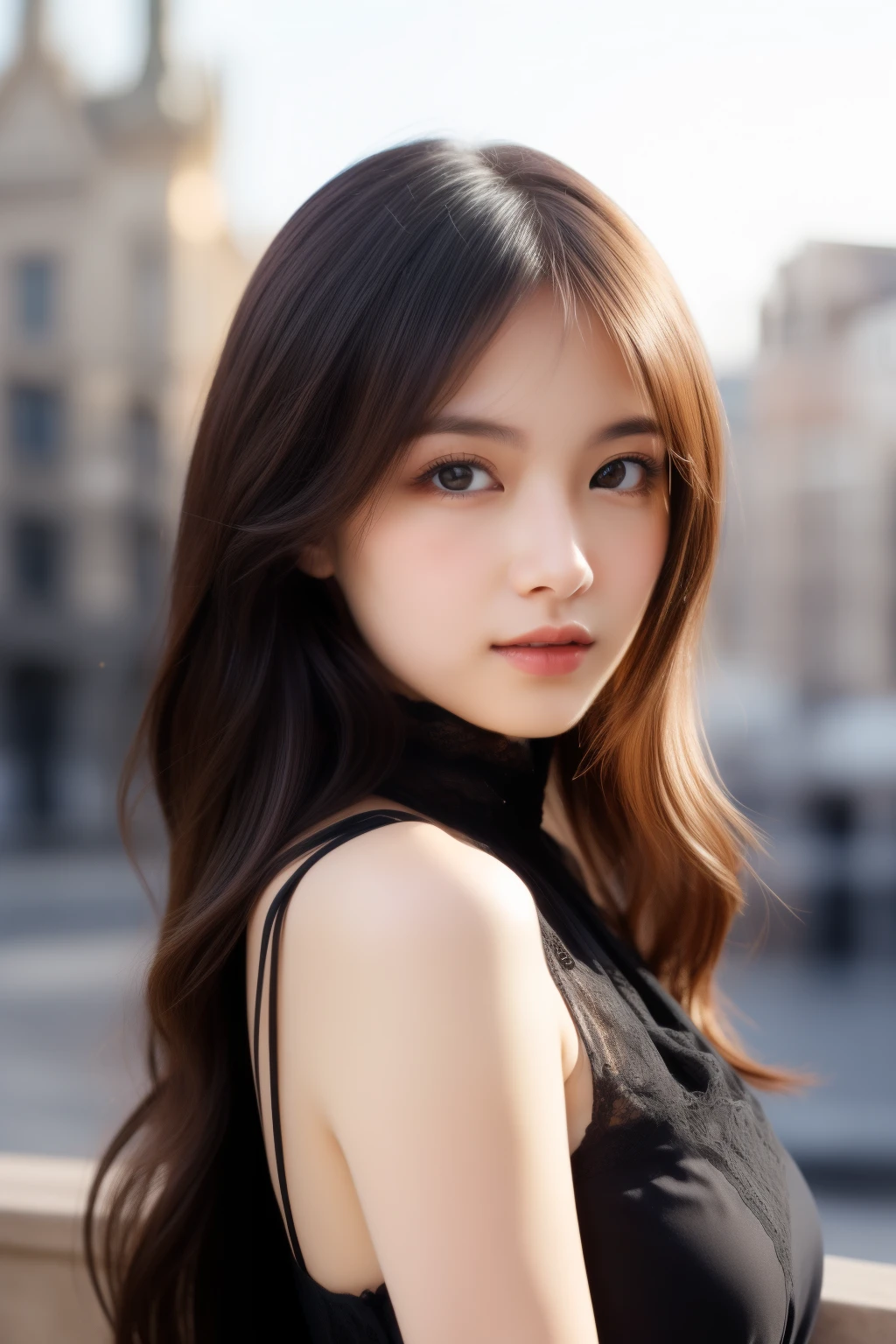 Ulchan-6500-v1.1,(masterpiece, highest quality:1.3), (Ultra-detailed 8K:1.2), (hyperrealistic:1.35),(Raw photo:1.2),highest quality, High resolution, wallpaper, realistic, bright lighting, professional lighting, face light, smooth lighting, BREAK Japanese women, 20-year-old, cute, action, gravure, sexy, wearing , super beautiful, beautiful skin, beautiful and detailed eyes, detailed face, slim, Moderately, clean long hair, brunette hair, dark brown eyes, look at the camera, (full shot:1.3), (european gothic cityscape:1.3),(lace dress:1.3),